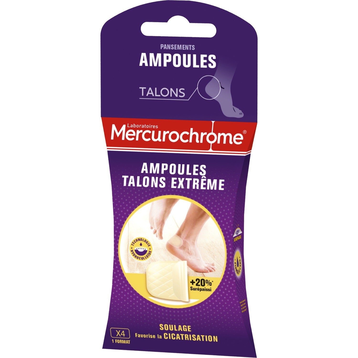 MERCUROCHROME Pansements Ampoules Talons Extrême Hydrocolloïde Maillage en Relief boîte de 4 pansements