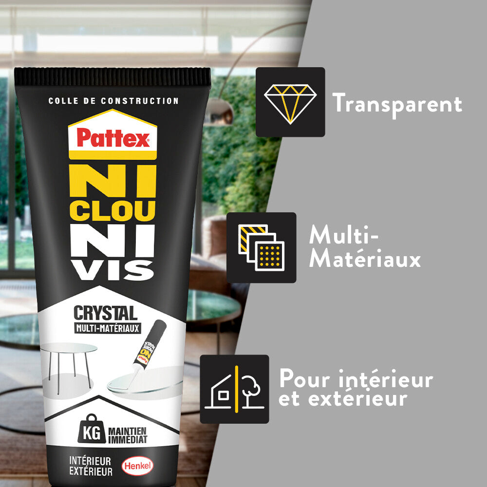 Pattex Ni Clou Ni Vis Fix Crystal (tube de 90g), colle de fixation de haute qualité, mastic transparent multi-supports, colle forte multi-usages