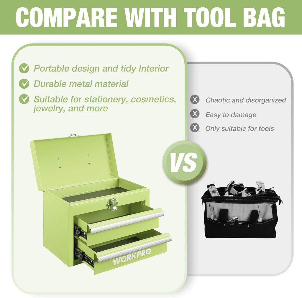WORKPRO Boîte à outils mini portable en métal, 2 tiroirs, 10,8 x 5,9 x 8,2 pouces - Vert macaron