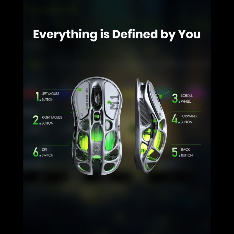 Souris gaming sans fil GravaStar Mercury M1 Pro, Souris gaming super légère 4 kHz en alliage de magnésium, 26000 DPI, Capteur PAW3395, 5 boutons programmables, RGB, Souris gaming design creux - Gunmetal