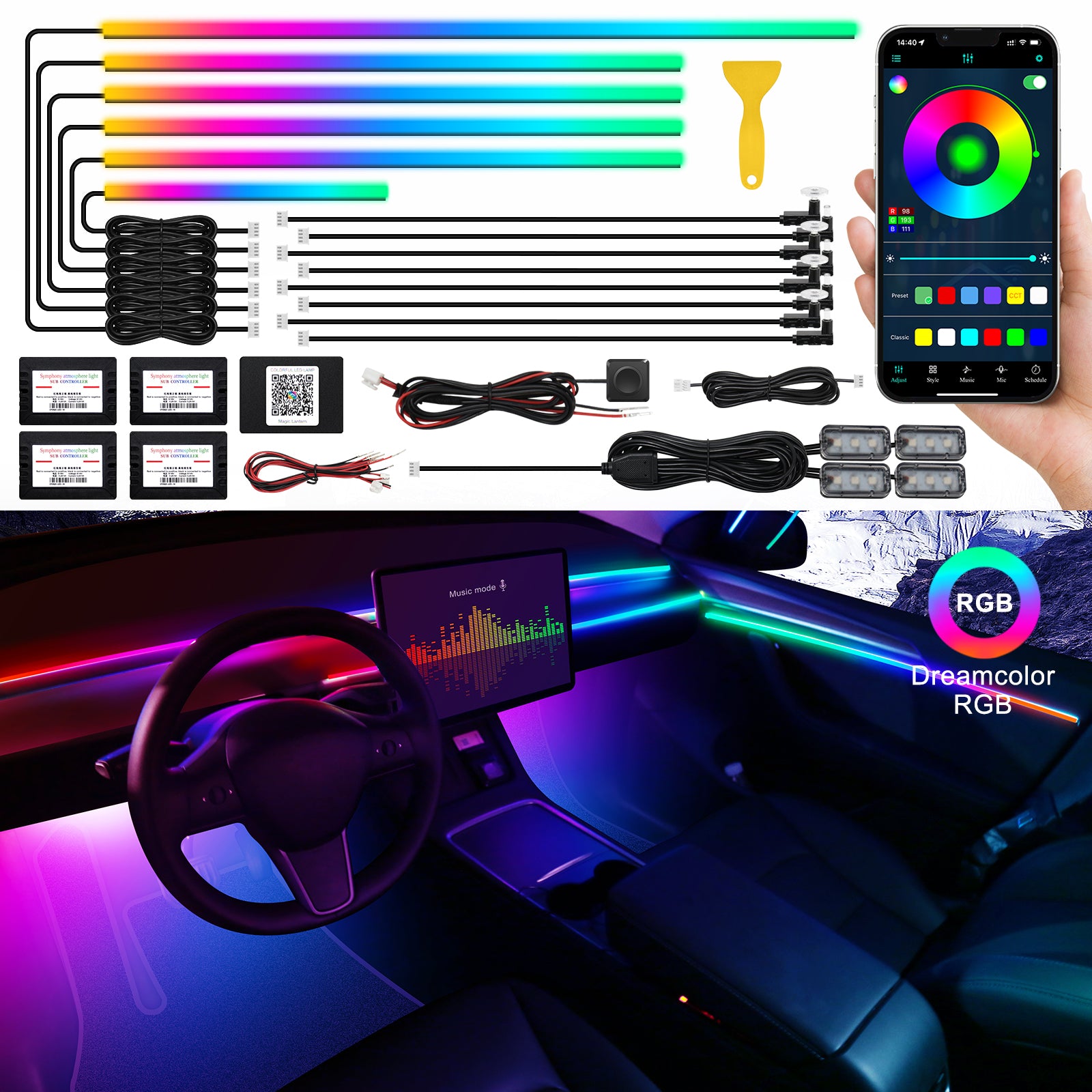 VGETTING Bande lumineuse LED intérieure de voiture en acrylique couleurs de rêve avec application sans fil, RVB 18 en 1 avec 175 pouces 593 LED