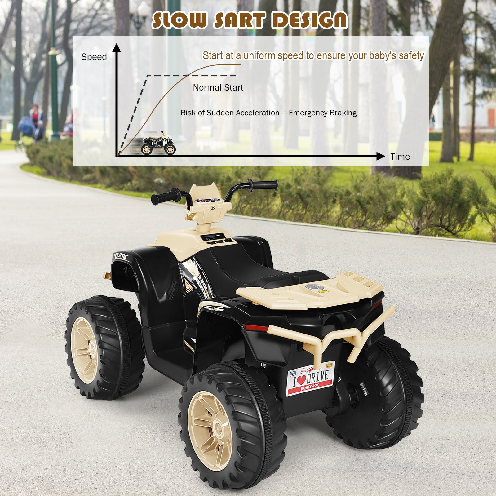 Costway Quad électrique pour enfants 12 V, avec musique et lumières LED, alimenté par batterie, siège confortable, 104 × 67 × 74 cm, Jaune terre