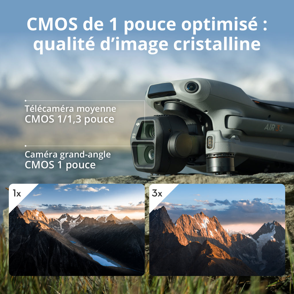 DJI Air 3S Fly More Combo RC-N3, drone avec double caméra grand-angle et téléobjectif moyen, capteur CMOS de 1 pouce, vidéo HDR 4K/60 ips, détection d'obstacles omnidirectionnelle, 3 batteries