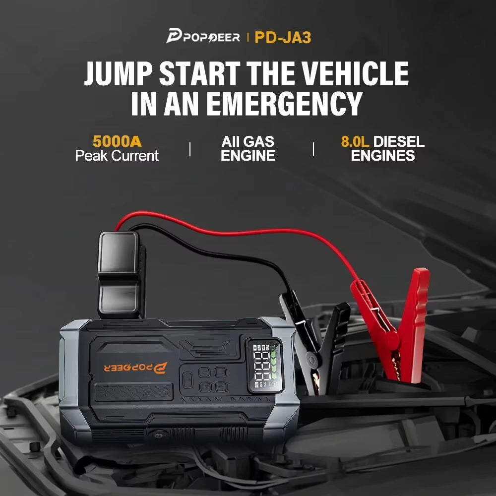 POPDEER PD-JA3 5000A Booster de démarrage 4-en-1, Compresseur d'air 150PSI, Batterie externe 12V QC 3.0 avec écran LCD, 10L Essence/8L Diesel