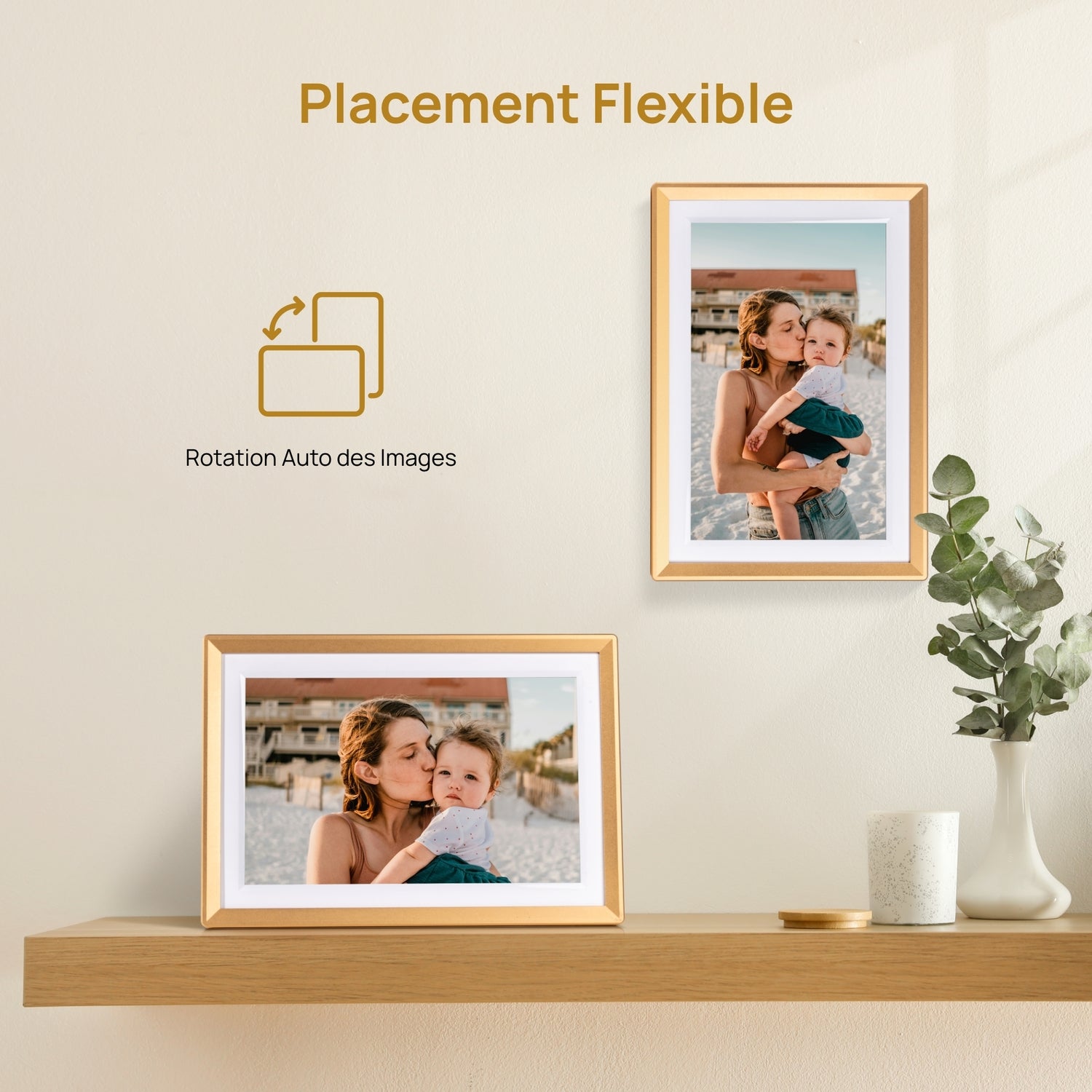 ARZOPA D10 Cadre photo numérique en métal 10,1 pouces, Stockage cloud gratuit, Cadre photo Wi-Fi, Écran tactile HD numérique, Sans abonnement, Partage photos vidéos, Carte de vœux individuelle à offrir en cadeau - D10 Or