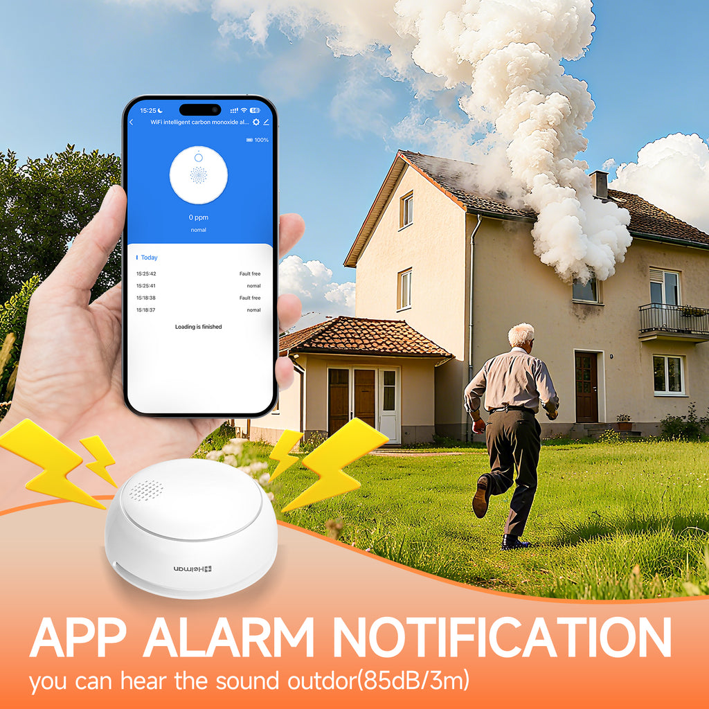 HEIMAN Détecteur de fumée Wi-Fi WLAN intelligent, avec application, batterie remplaçable, alarme 85 dB et bouton d'arrêt, conforme EN 14604