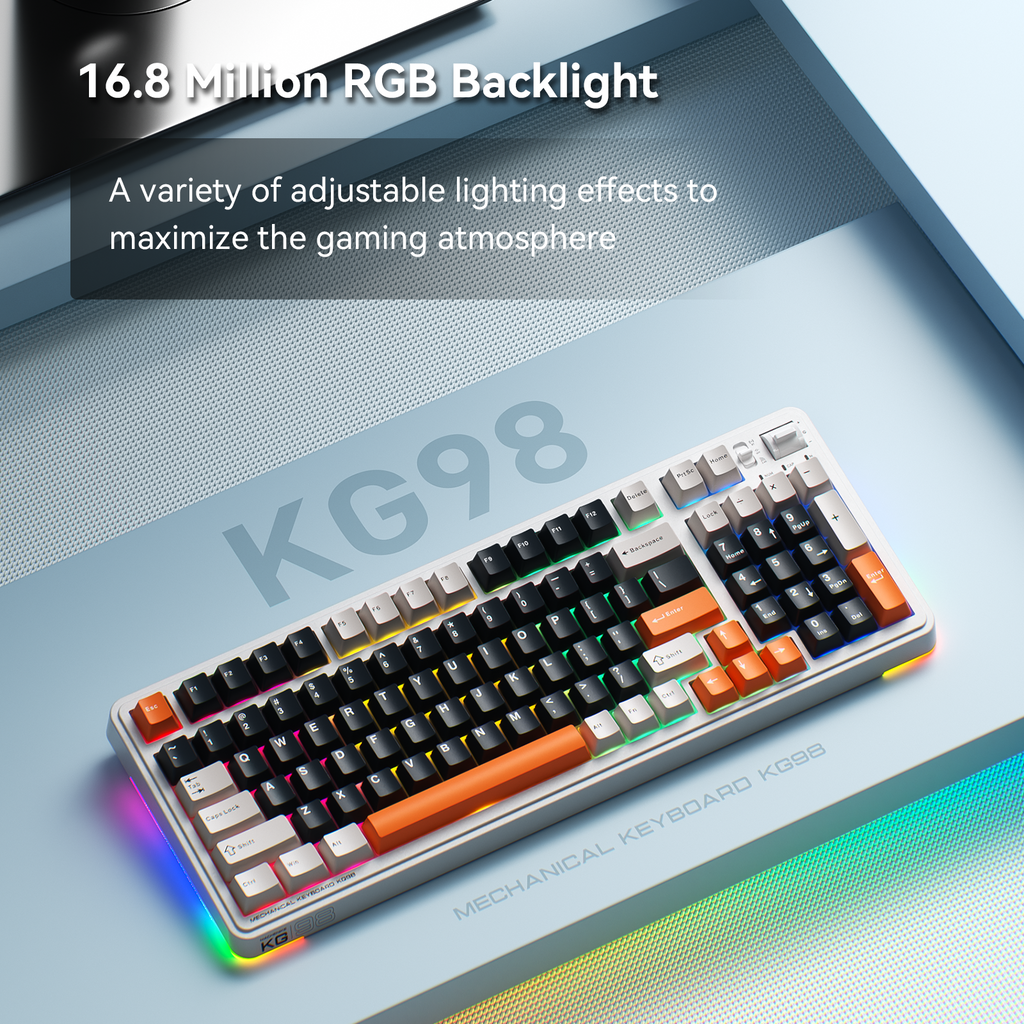 Machenike KG98 clavier mécanique 96 % tri-mode, disposition QWERTY US, clavier de jeu personnalisable à échange à chaud, interrupteurs linéaires pré-lubrifiés, éclairage RGB latéral