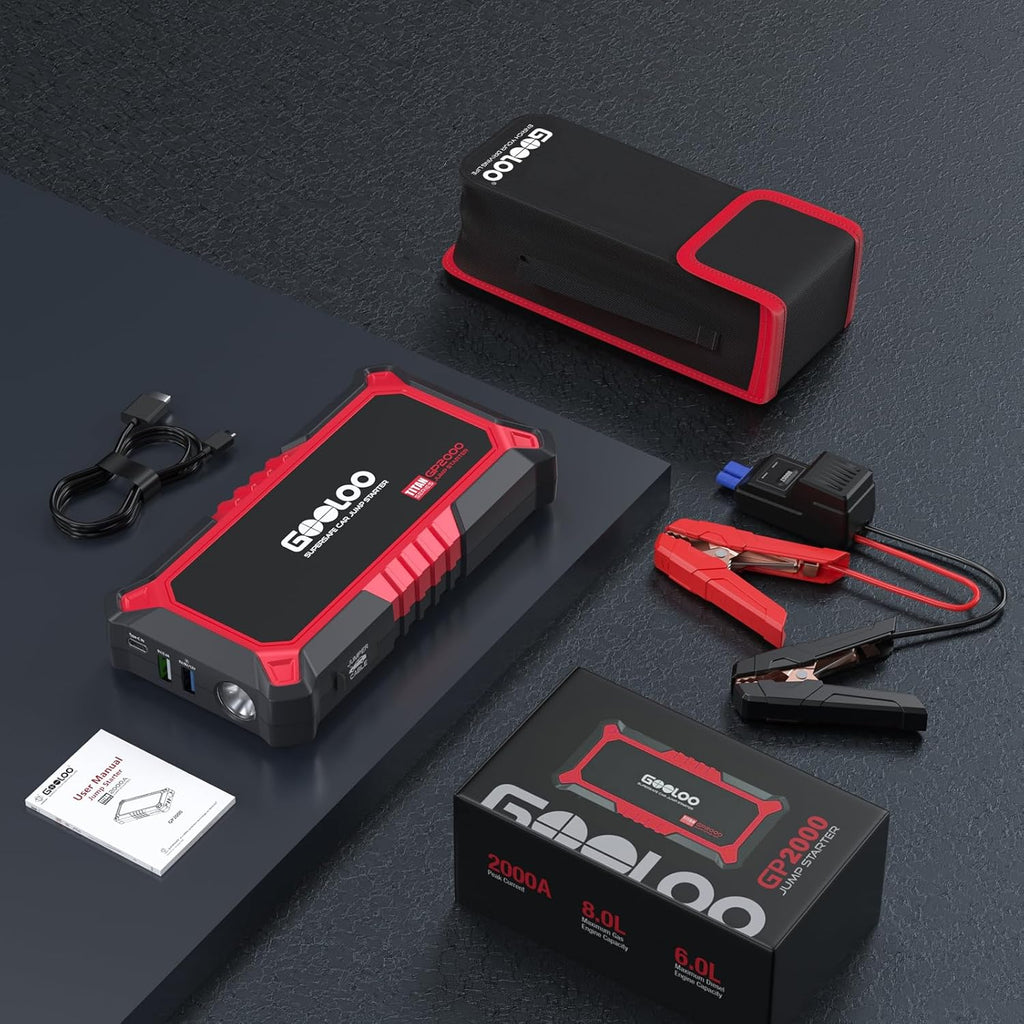Démarreur de voiture GOOLOO GP2000 et batterie externe, 2000A, boosteur 12V extrêmement sûr, portable, pour moteurs à essence de 8,0L et à diesel de 6,0L