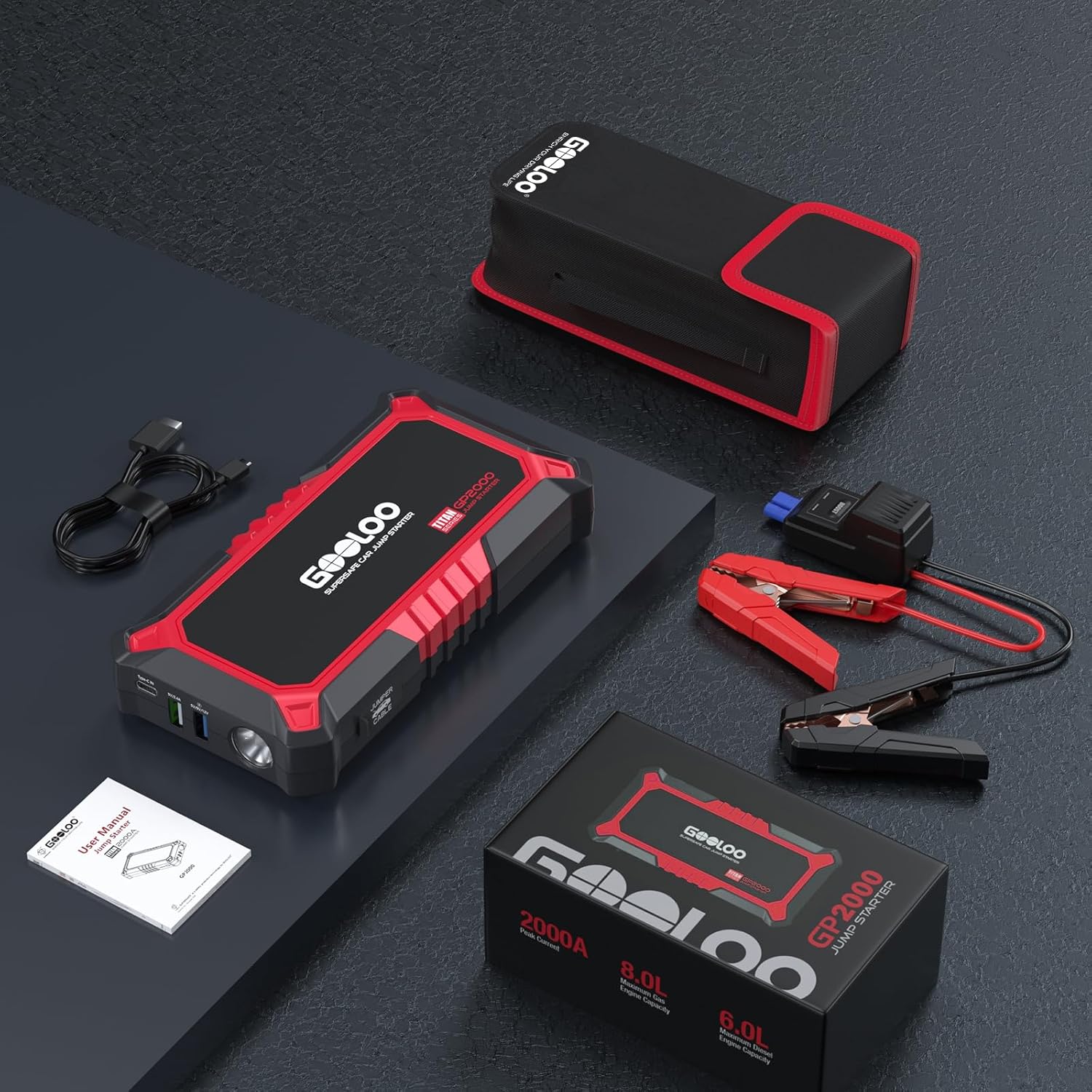 Démarreur de voiture GOOLOO GP2000 et batterie externe, 2000A, boosteur 12V extrêmement sûr, portable, pour moteurs à essence de 8,0L et à diesel de 6,0L