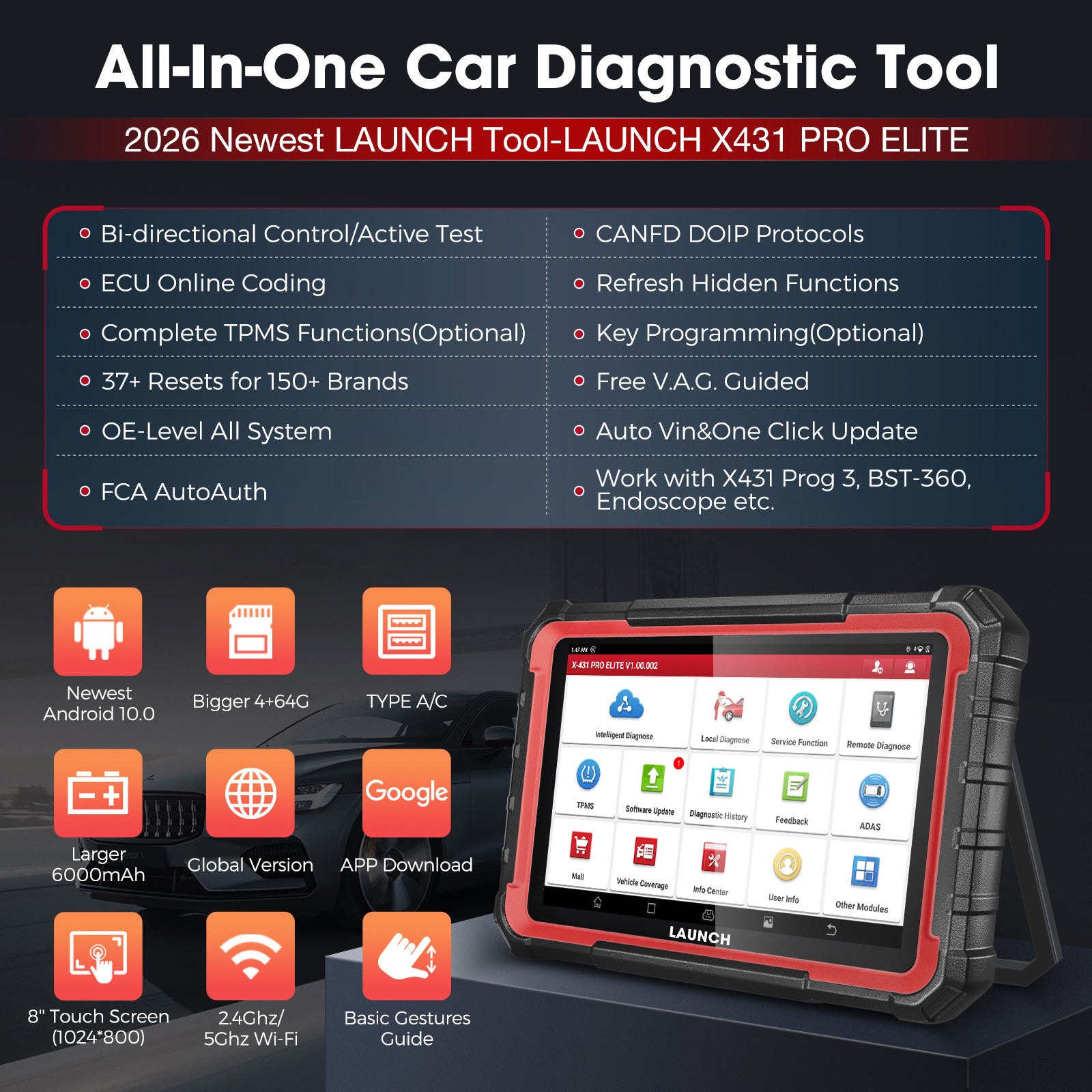 Launch X431 PRO ELITE Valise de diagnostique automobile 8" avec scanner OBD/OBD2, tous systèmes, CAN-FD/DOIP, tests actifs et 31 réinitialisations ECU