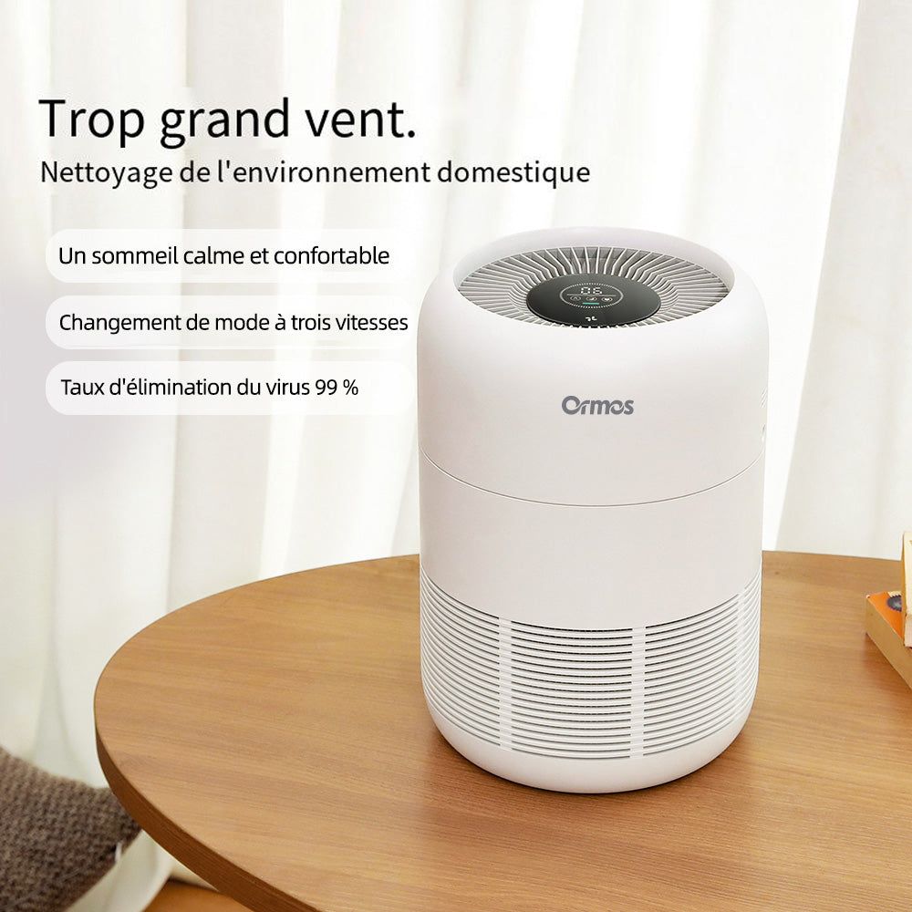 Ormos Purificateur d’air, CADR 150m³/h, Filtre HEPA H12 et charbon actif, capteur TVOC et PM2.5, pour chambre et salon