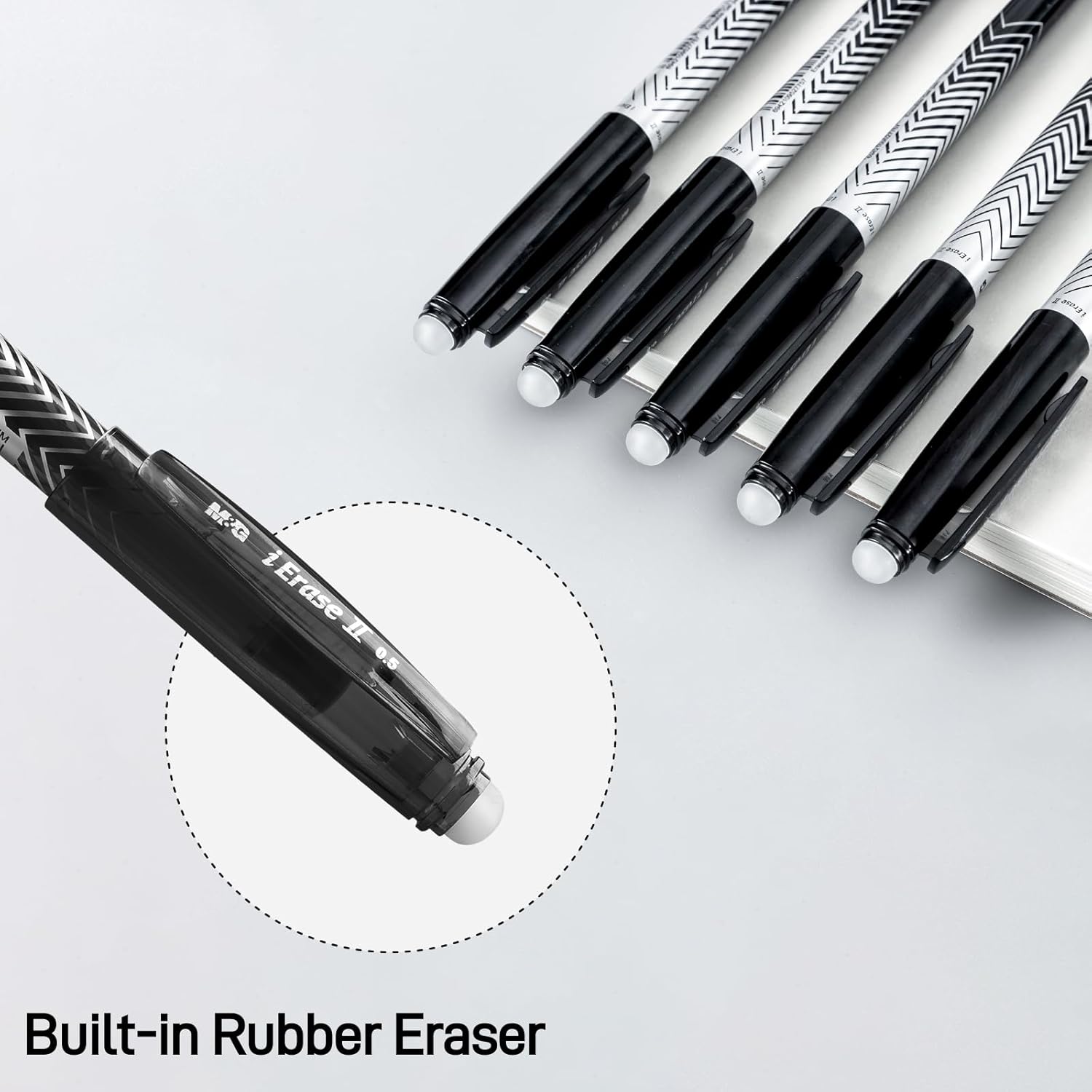 M&G iErase II Lot de 12 stylos gel effaçables, encre noire, pointe fine 0,5 mm, écriture fluide, avec prise en main confortable et capuchon pour école, bureau et agenda