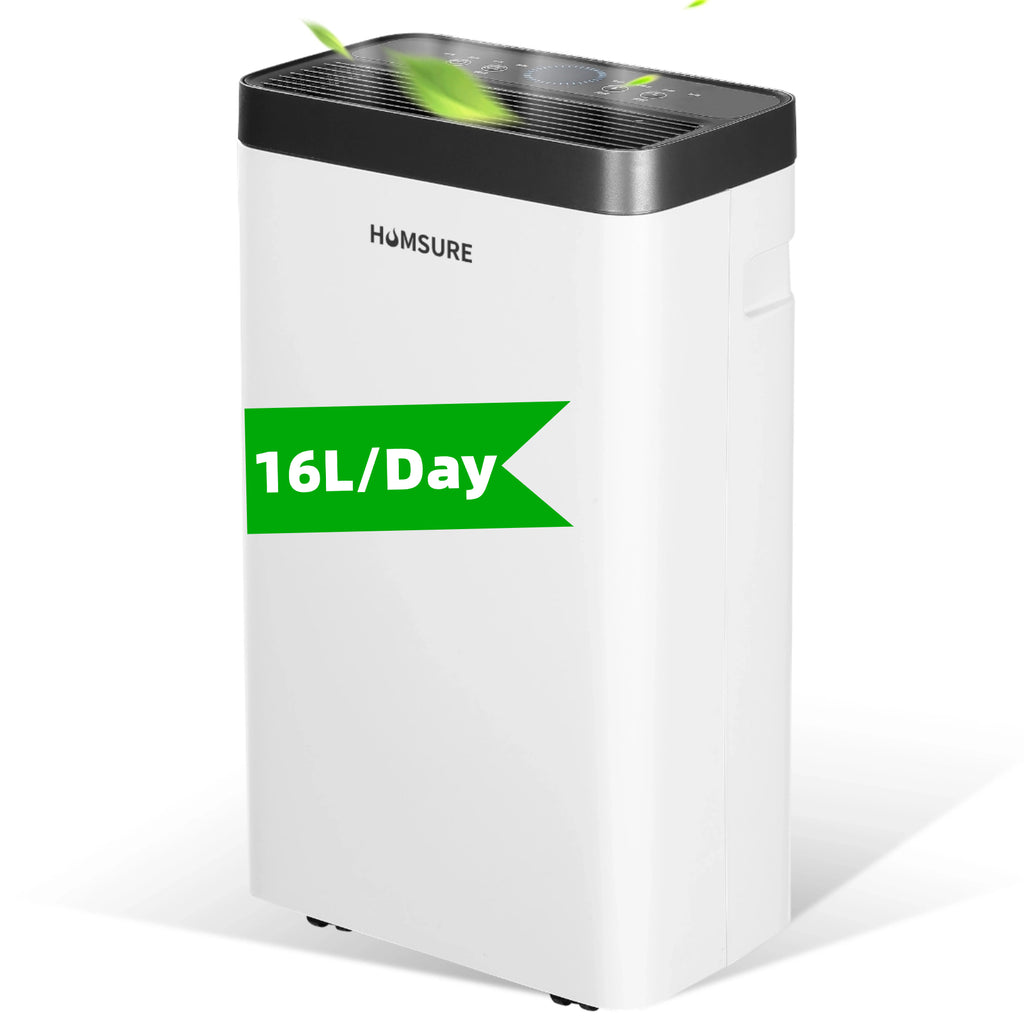 HUMSURE Déshumidificateur économe en énergie, 16 L/jour, pour pièces de 25 m², réservoir d'eau de 1,4 L, R290, minuterie 24 h, dégivrage automatique et arrêt automatique, 3 modes.