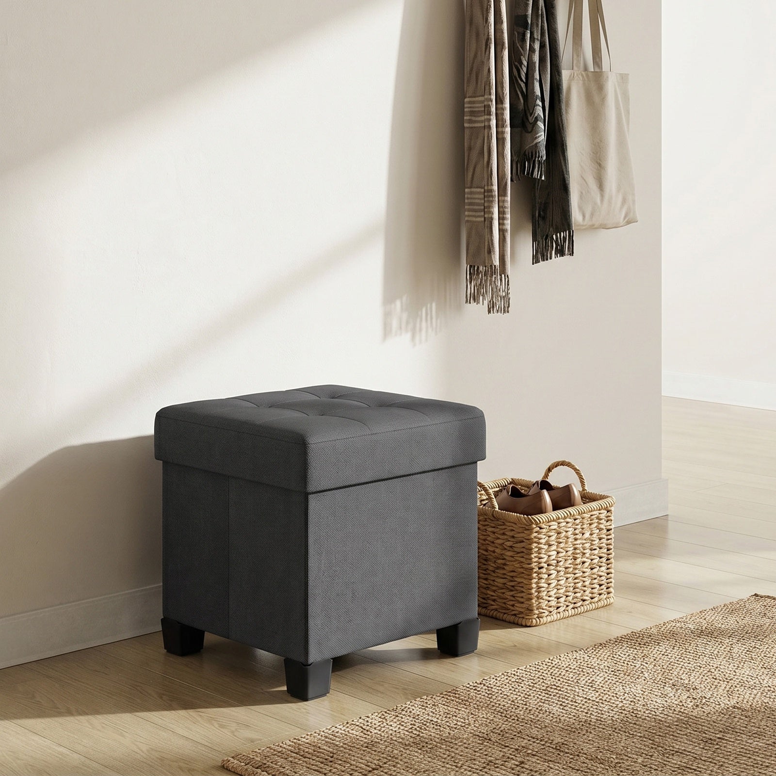 JOYFURNOS Pouf pliable gris ardoise – 38 x 38 x 40 cm, petit repose-pieds et tabouret de rangement, supporte 300 kg – compact pour salon, chambre ou dortoir