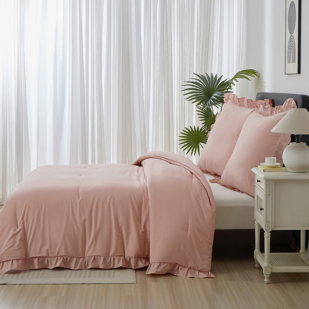 MEEALLHOME Parure de lit vintage à volants rose - 1 housse 135 x 200 cm et 1 taie 80 x 80 cm