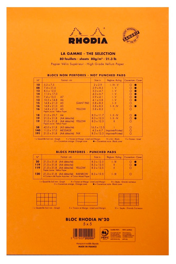 CLAIREFONTAINE Bloc agrafé Rhodia ORANGE N°20 21x31,8 cm petits carreaux 5x5 80 feuillets perforation 4 trous 80 g