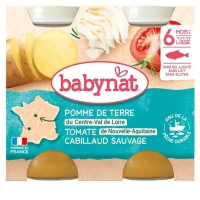 BABYBIO Plat bébé dès 6 mois - Pomme de terre Tomate Cabillaud sauvage Babynat - 2X200G