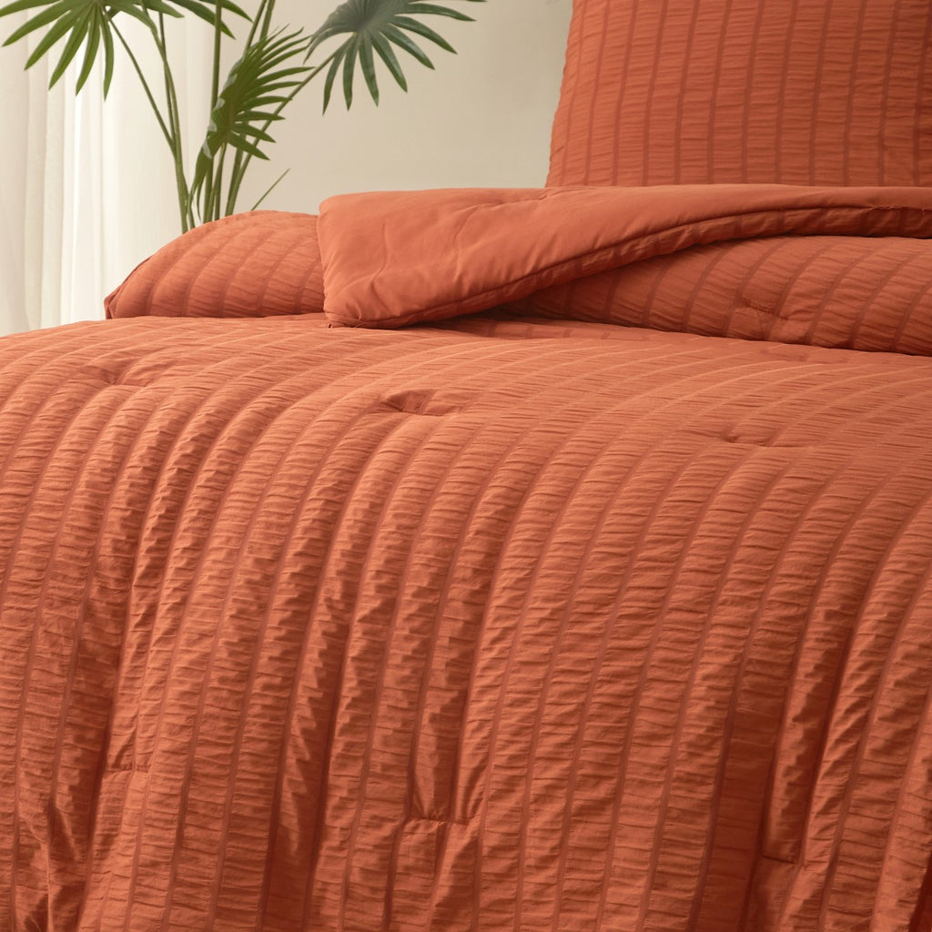 MEEALLHOME Parure de lit texturée Seersucker mandarine - 1 housse 260 x 240 cm et 2 taies 65 x 65 cm