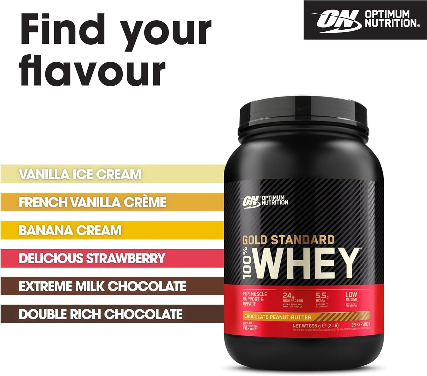 Optimum Nutrition Gold Standard Poudre de protéines de lactosérum 100 %, chocolat beurre de cacahuète 896 g (28 portions)