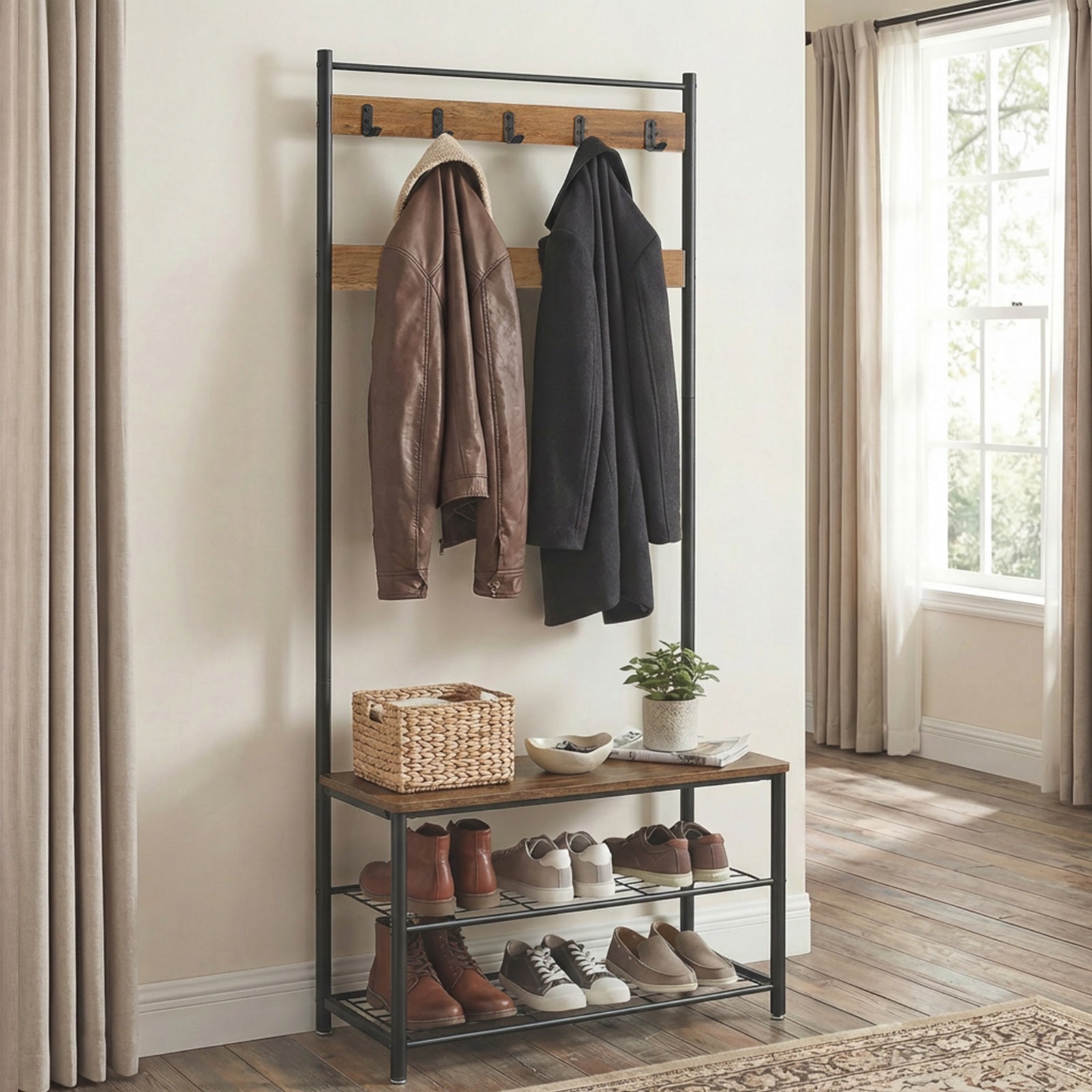 JOYFURNOS Portemanteau, 32 x 70 x 177 cm, Vestiaire avec Banc de Rangement pour Chaussures, Style Industriel, Marron et Noir