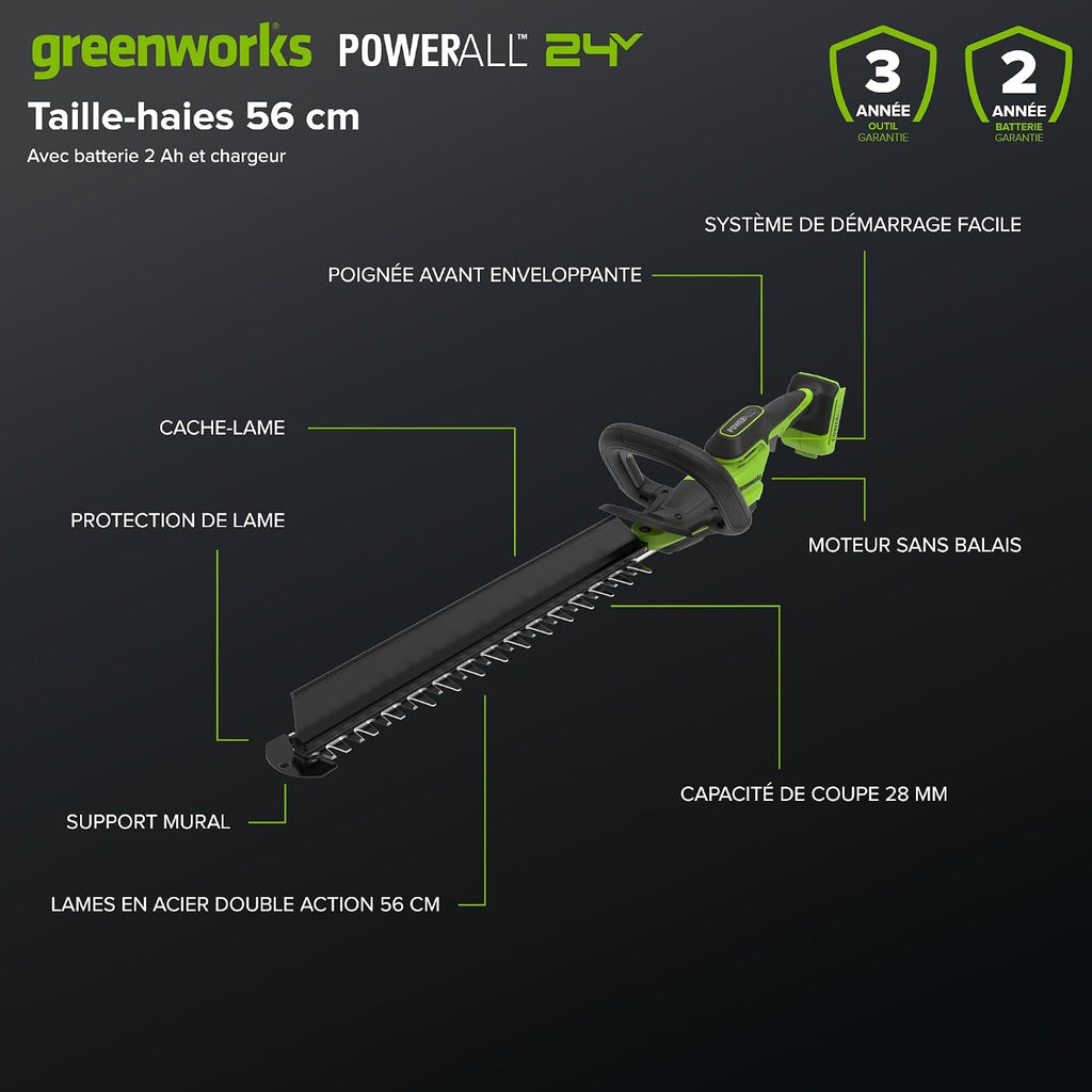 Greenworks Kit de tondeuse à haies sans fil 24 V 51 cm, Moteur sans balais, Capacité de coupe 28 mm, Lame à double action, Batterie 2,0 Ah et chargeur USB-C inclus, Balayeuse de haies HT2002A1