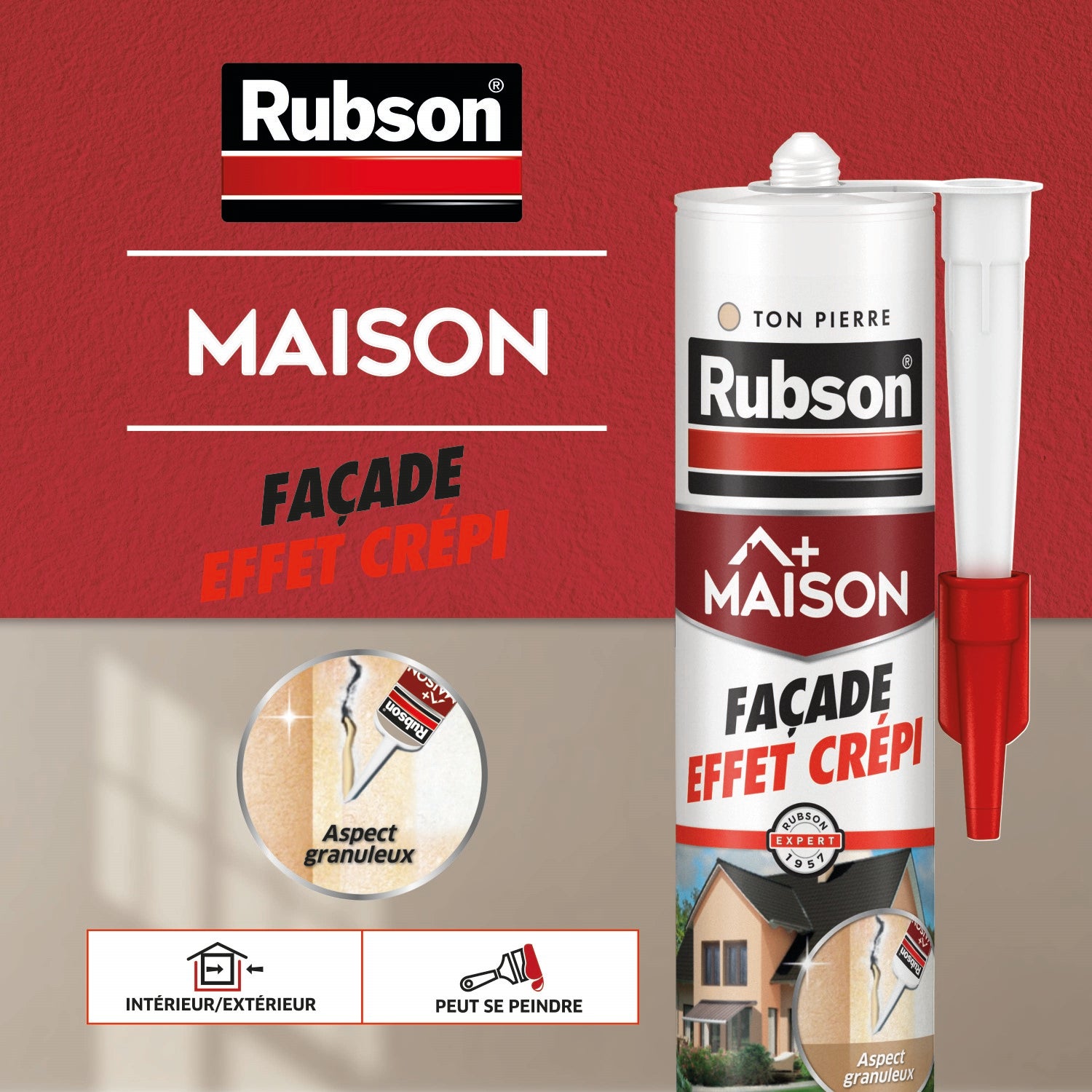 Rubson - Mastic Maison Façade Effet Crépi Ton Pierre (cartouche de 280 ml) – Mastic acrylique pour joint, raccordement et rebouchage de fissures sur crépi – Aspect granuleux