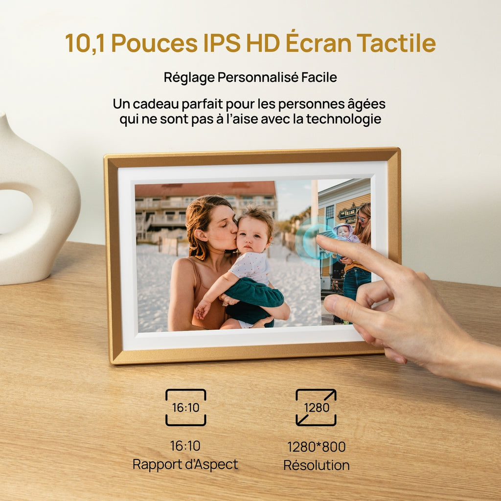 ARZOPA D10 Cadre photo numérique en métal 10,1 pouces, Stockage cloud gratuit, Cadre photo Wi-Fi, Écran tactile HD numérique, Sans abonnement, Partage photos vidéos, Carte de vœux individuelle à offrir en cadeau - D10 Or