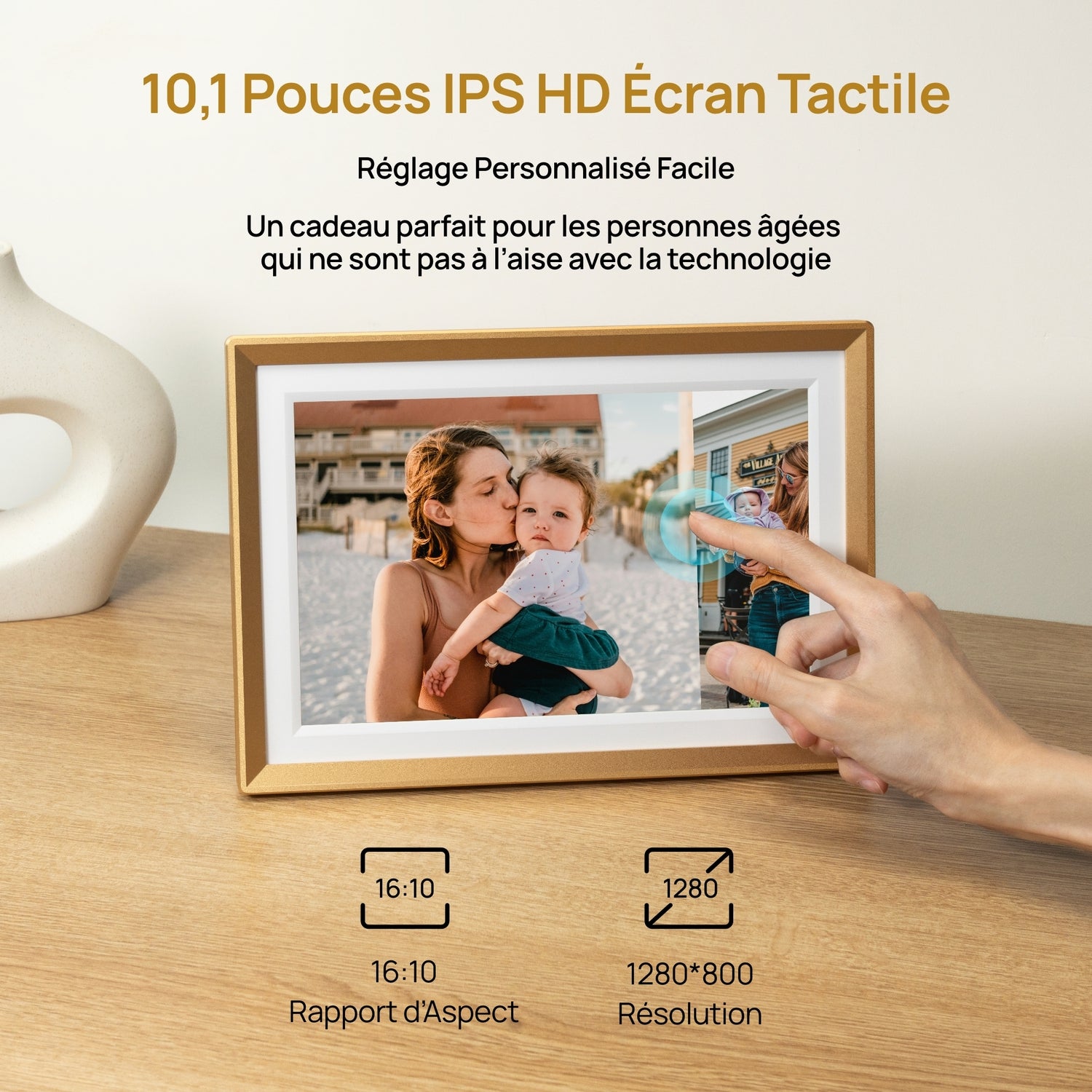 ARZOPA D10 Cadre photo numérique en métal 10,1 pouces, Stockage cloud gratuit, Cadre photo Wi-Fi, Écran tactile HD numérique, Sans abonnement, Partage photos vidéos, Carte de vœux individuelle à offrir en cadeau - D10 Or