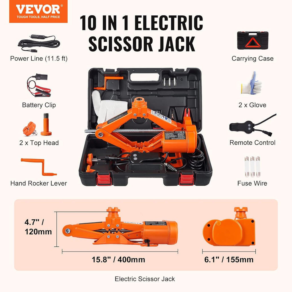 VEVOR Cric électrique pour voiture 3 t/2993,7 kg 12 V, cric à ciseaux électrique à double patin avec télécommande, cric portable pour remplacement de pneus de berline, SUV et camion