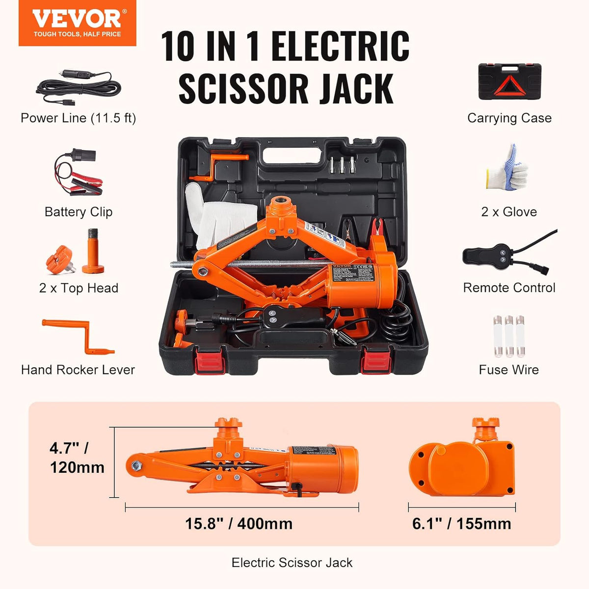 VEVOR Cric électrique pour voiture 3 t/2993,7 kg 12 V, cric à ciseaux électrique à double patin avec télécommande, cric portable pour remplacement de pneus de berline, SUV et camion