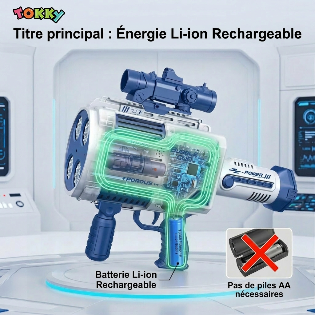 Pistolet à bulles automatique Tokky à 48 trous avec lumières LED, Machine à bulles rechargeable, Conception anti-fuite, Plus d'un million de bulles par minute