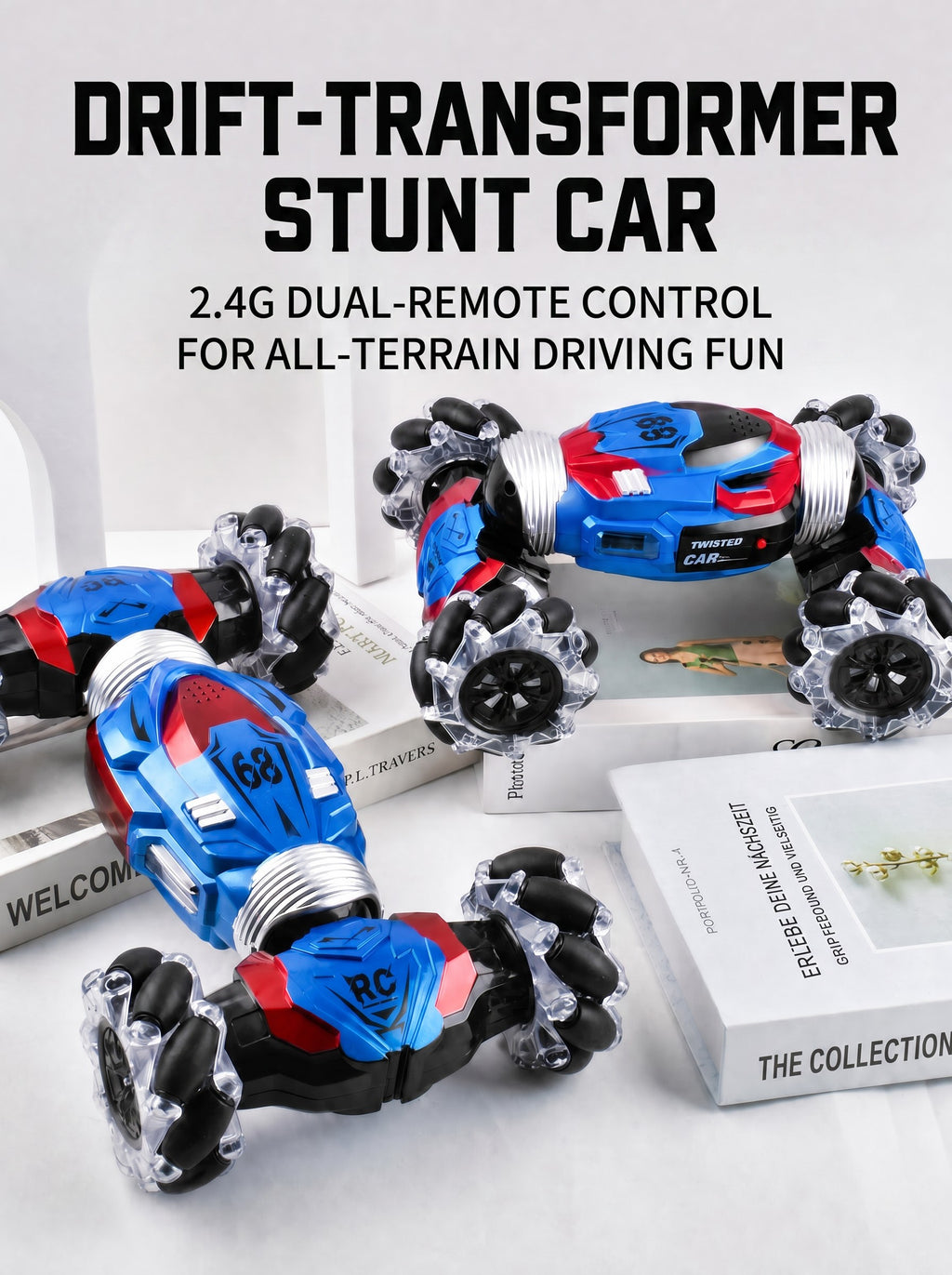 S4DRC HYPER 1:16 Voiture de Cascade RC Contrôlée par Gestes, Véhicule de Drift Tout-Terrain Transformable 4WD, Doubles Radiocommandes avec Lumières LED, Cadeau Jouet pour Enfants, One Piece en Bleu