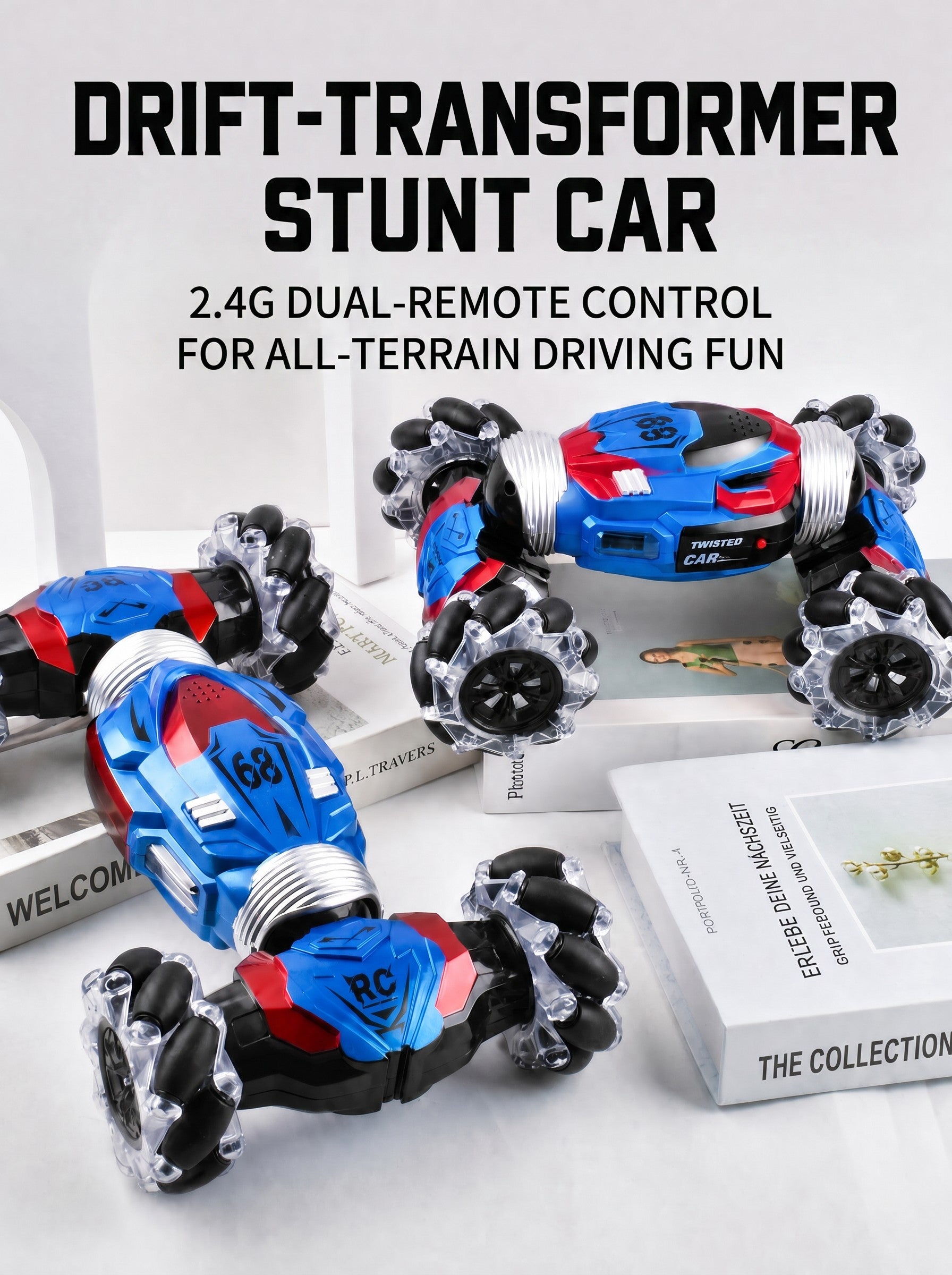 S4DRC HYPER 1:16 Voiture de Cascade RC Contrôlée par Gestes, Véhicule de Drift Tout-Terrain Transformable 4WD, Doubles Radiocommandes avec Lumières LED, Cadeau Jouet pour Enfants, One Piece en Bleu