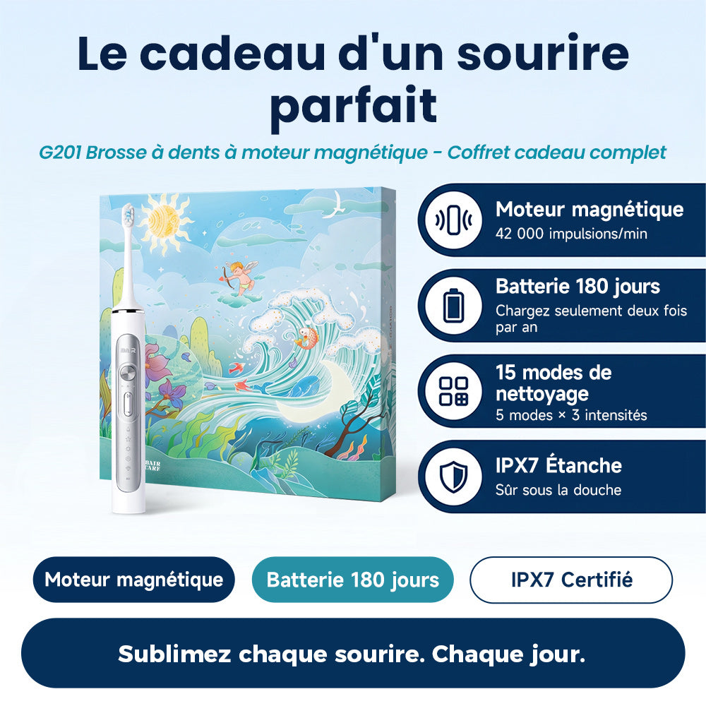 BAIR CARE G201 Brosse à dents électrique sonique - autonomie de 180 jours, rechargeable, 5 modes et 3 intensités, minuteur intelligent 2 min, étanche IPX7, inclut un étui de voyage haut de gamme
