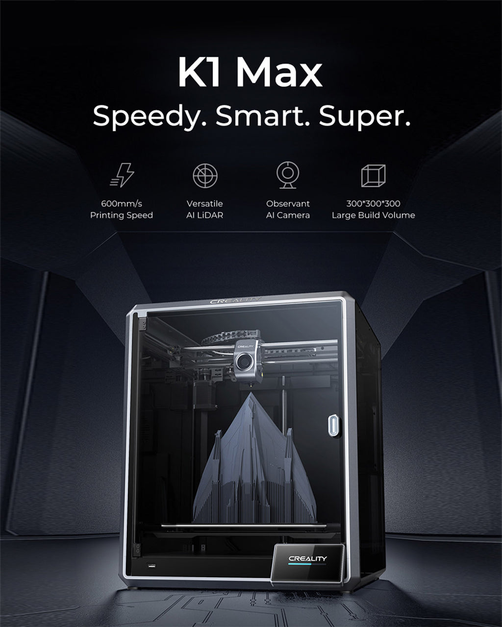 &Creality K1 MAX Imprimante 3D 600 mm/s, Buse à Haute Température 300 °C, Double Extrudeur Direct, Double Axe Z, Cadre Stable, Nivellement Automatique Mains Libres, Volume d'Impression 3030 x 30 cm