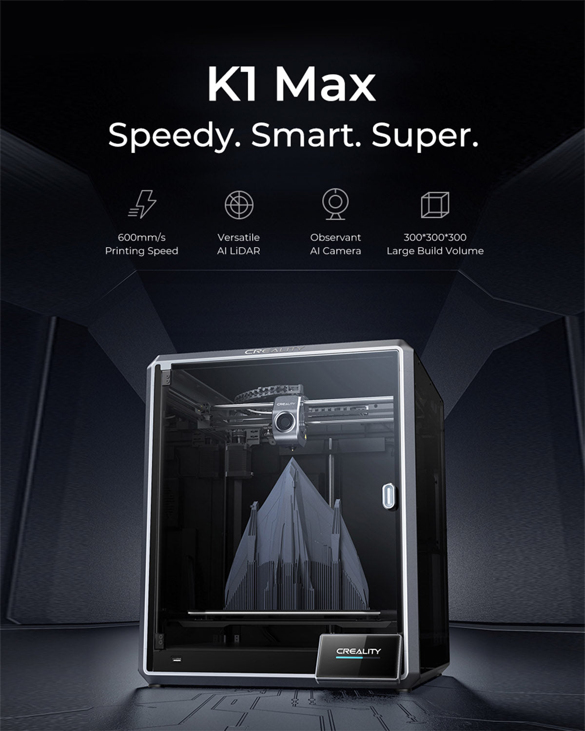 &Creality K1 MAX Imprimante 3D 600 mm/s, Buse à Haute Température 300 °C, Double Extrudeur Direct, Double Axe Z, Cadre Stable, Nivellement Automatique Mains Libres, Volume d'Impression 3030 x 30 cm