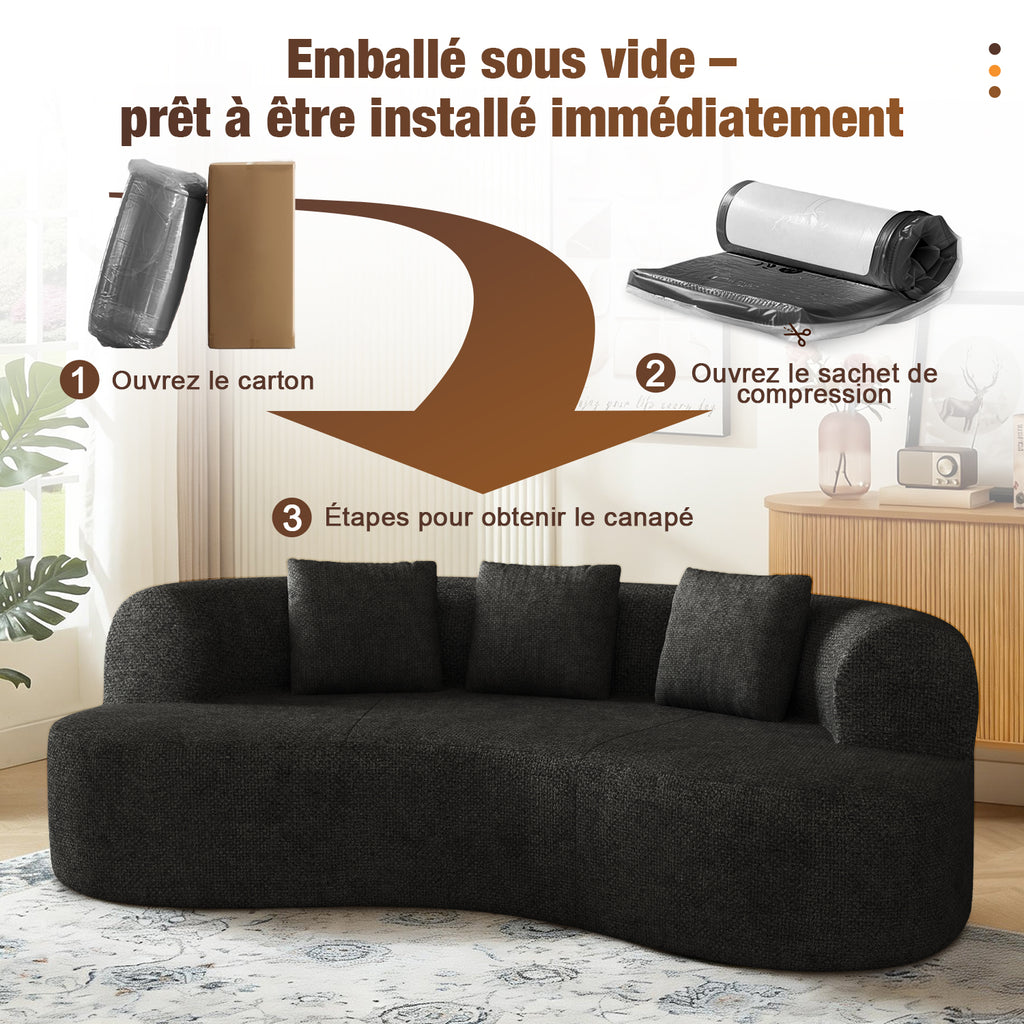 GTIMEX Canapé 2 places, Canapé modulable en chenille, 168 x 90 x 67 cm, Capacité de charge statique : 270 kg, Aucun assemblage requis, Canapé sans armatures, Canapé rembourré au design incurvé avec 3 coussins décoratifs pour salon et petits apparteme
