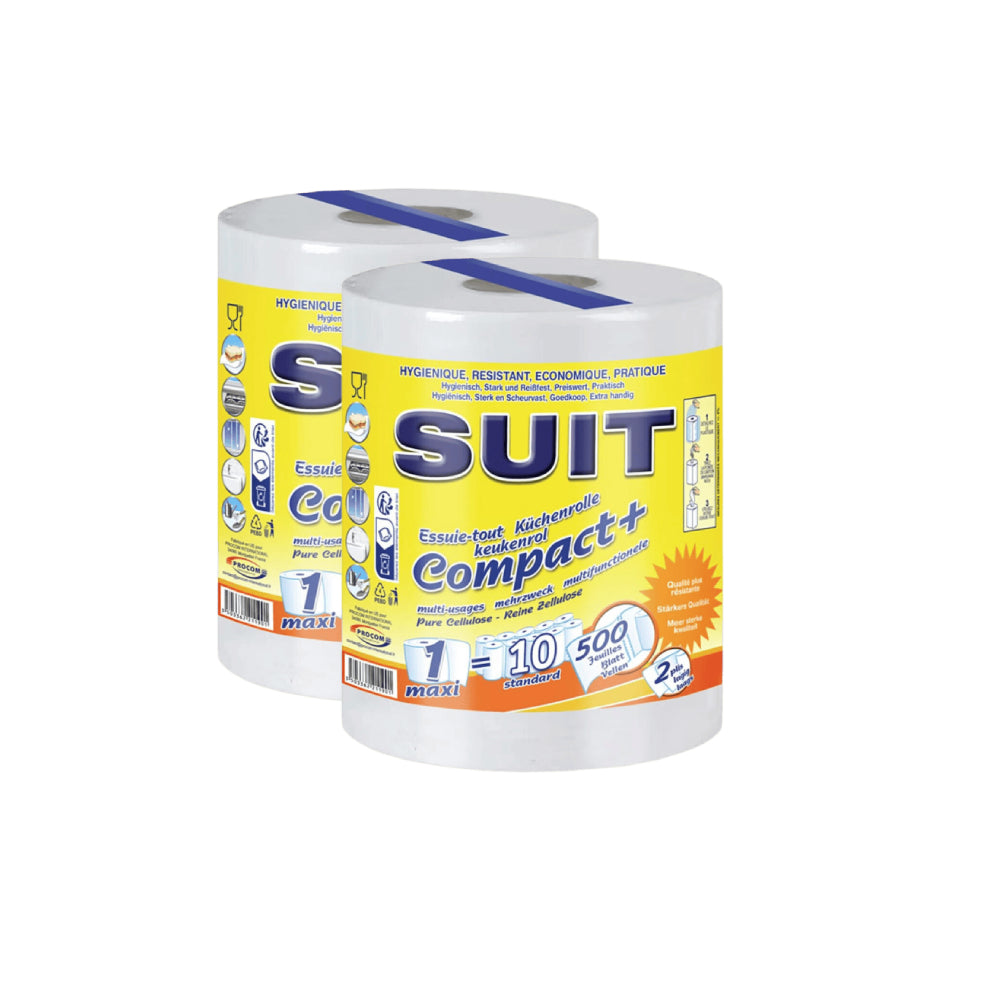 SUIT Essuie-tout Compact, 2 Épaisseurs, 1000 Feuilles, 2 Rouleaux (2 Paquets de 1)