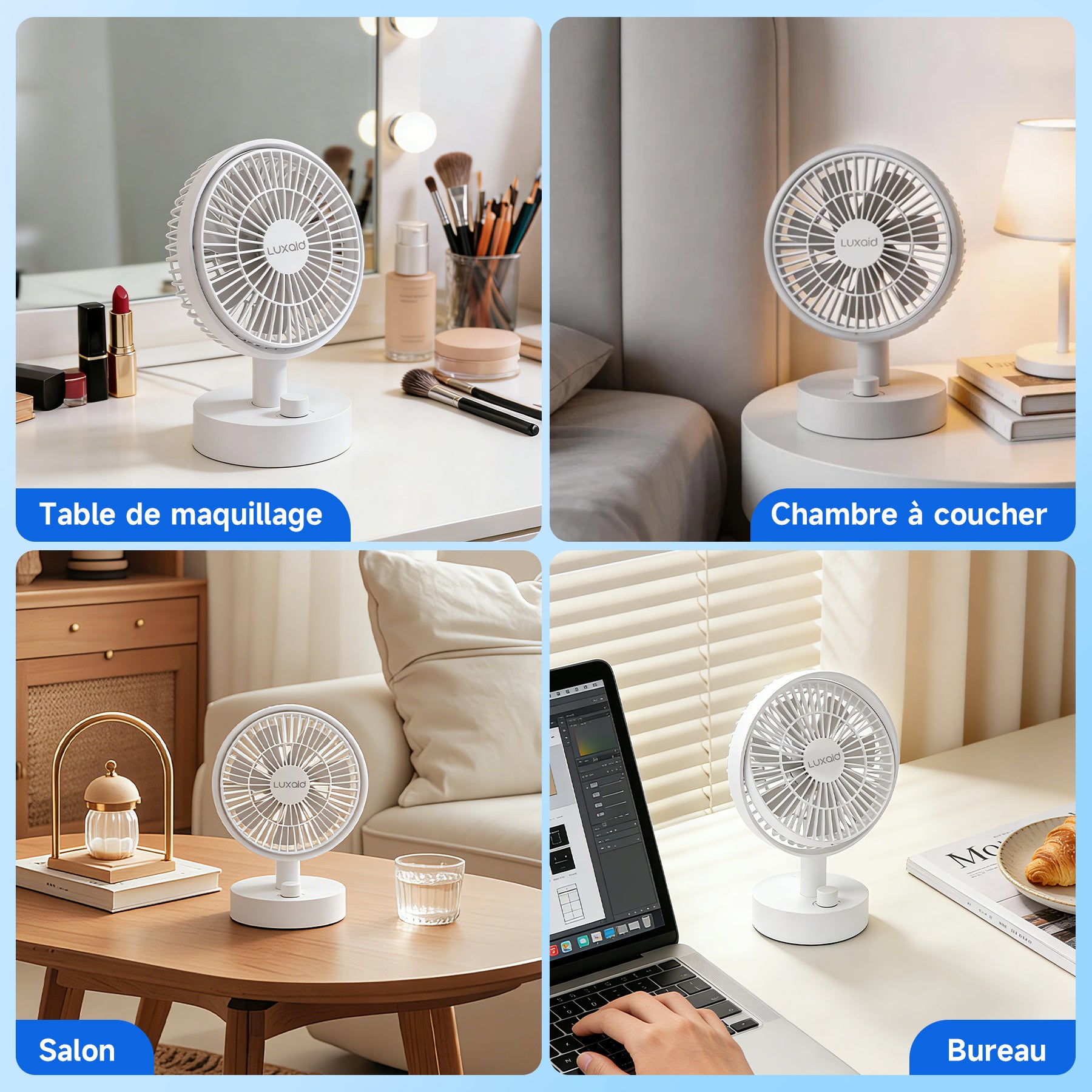 Luxaid Ventilateur de Bureau, Batterie 2000 mAh USB-C, 10 Vitesses, Oscillation 160°, Silencieux, Portable