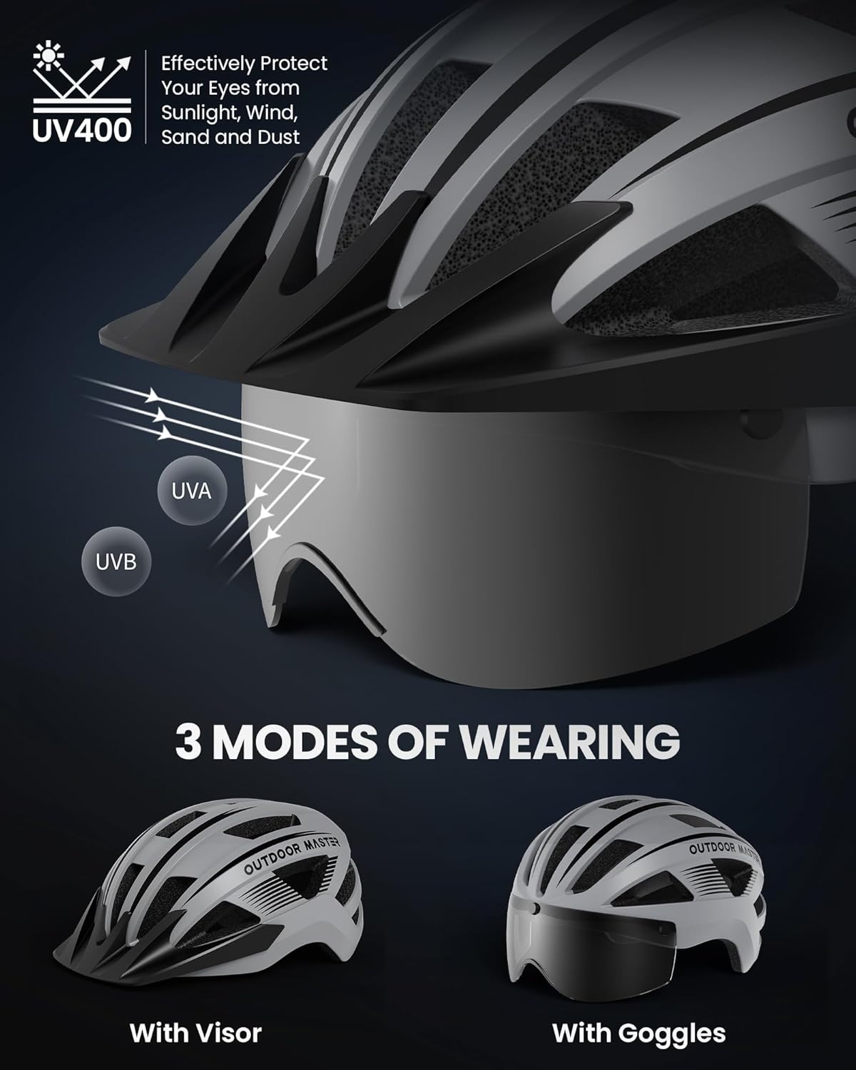 OUTDOOR MASTER RhinoUrban Casque de vélo avec lunettes et lumière gris - Taille M 54-58cm