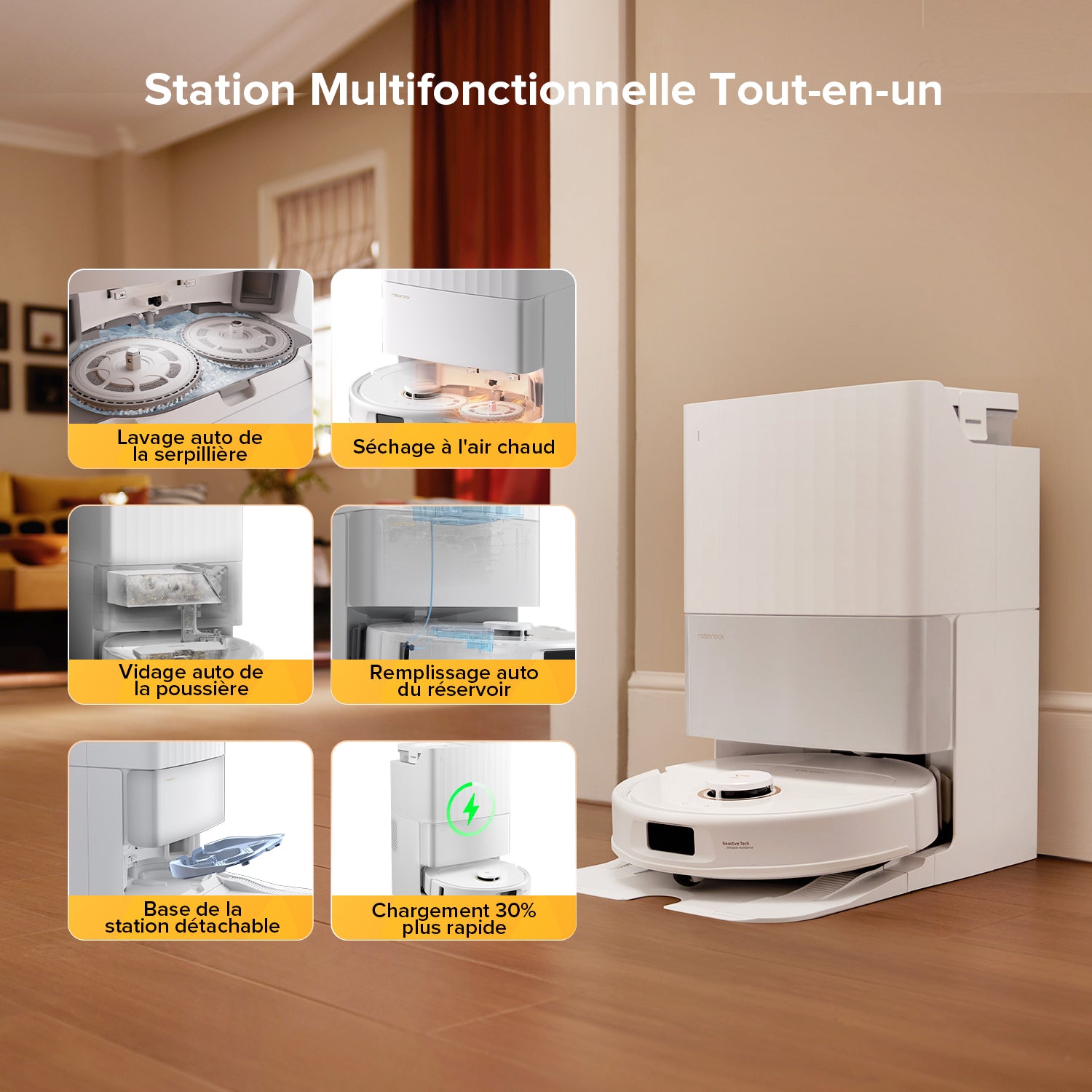 Roborock Aspirateur robot Qrevo S5V blanc avec station, aspiration 12000 Pa, serpillières FlexiArm, double anti-enchevêtrement, séchage à l’air chaud
