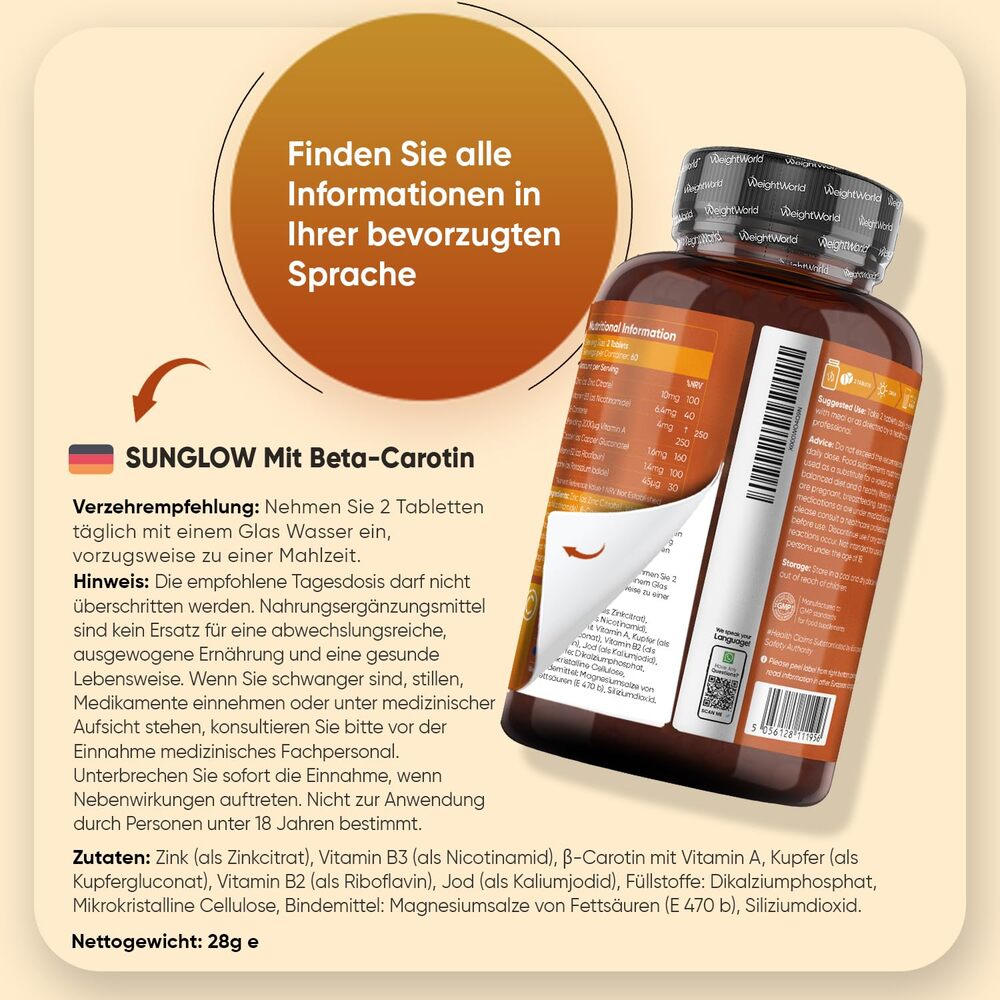 WeightWorld SunGlow Auto-Bronzant & Santé de la Peau 120 Comprimés