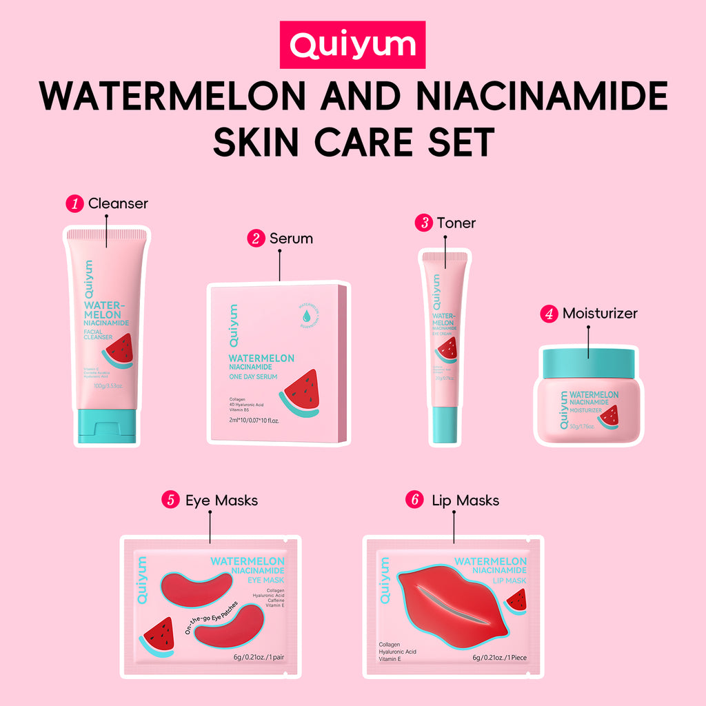 QUIYUM Coffret de soins à la pastèque - Nettoyant 100 g, Sérum 2 ml × 10, Crème contour des yeux 20 g, Masques pour le contour des yeux 6 g × 3, Masques pour les lèvres 6 g × 3