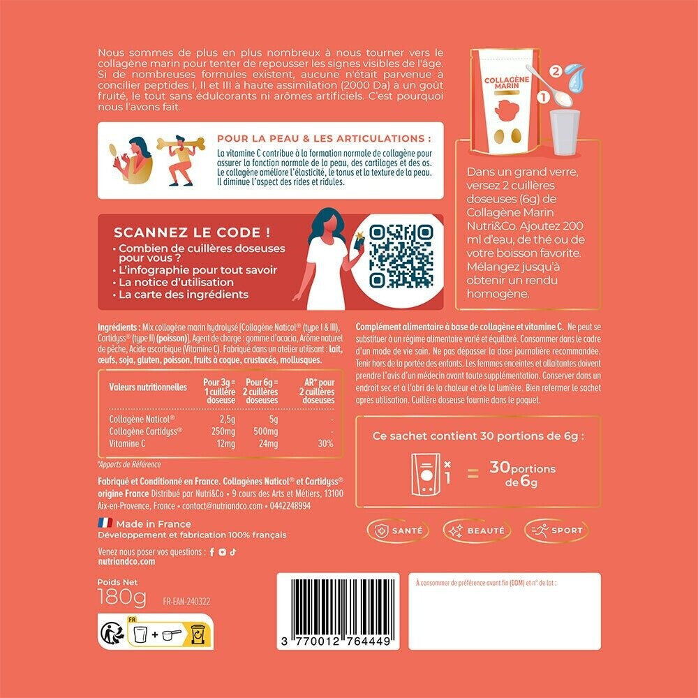 Nutri&Co Collagène marin type 1, 2 et 3 - goût pêche - 180 g