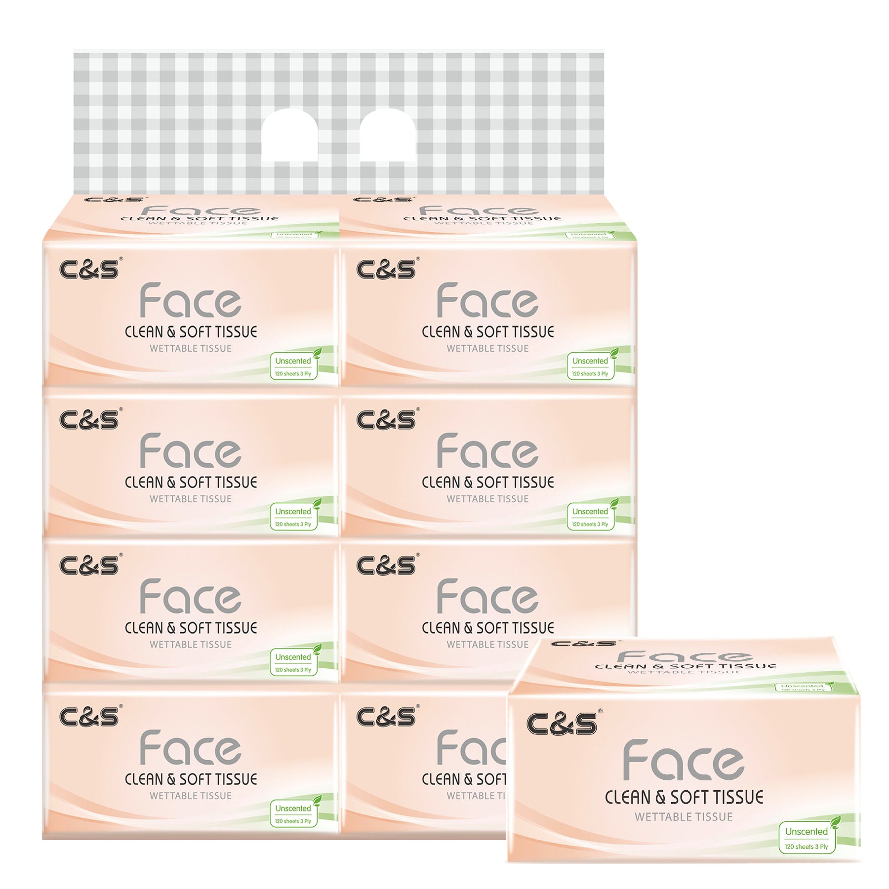 C&S Face Pink Mouchoirs pour le visage doux, 3 épaisseurs - Lot de 8 paquets de 120 feuilles