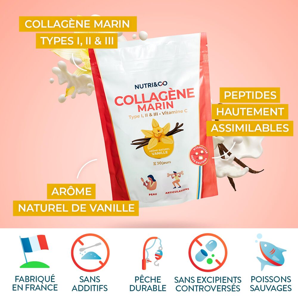 Nutri&Co Collagène marin type 1, 2 et 3 - goût vanille - 180 g