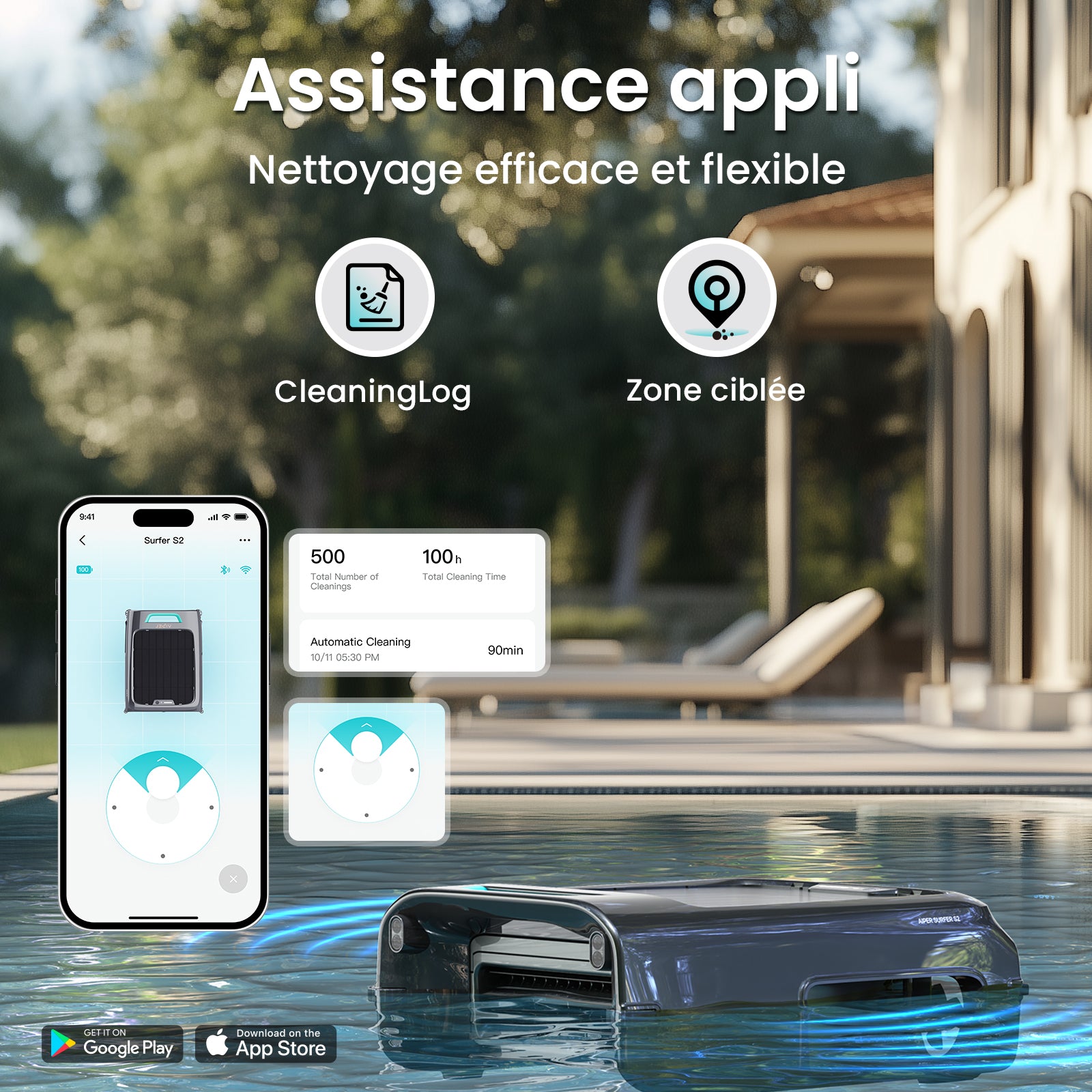 Aiper EcoSurfer S2 – Robot écumeur de piscine solaire sans fil | Nettoyage de surface 24 h/24, 7 j/7 avec autonomie 35 h, Contrôle via application Wi-Fi/Bluetooth