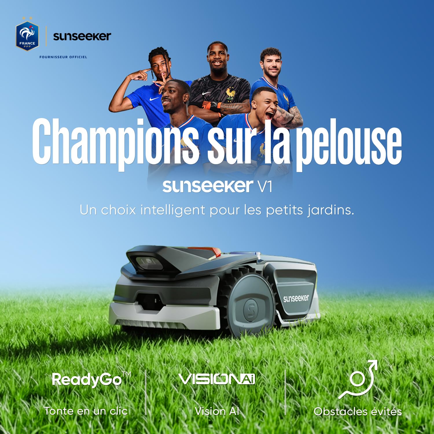 SUNSEEKER V1 avec Garage, Robot Tondeuse Sans Fil Périmétrique, 300 m² pour Petits Jardins, Vision IA, Évitement Intelligent des Obstacles, Pentes 27 %, Tonte en Un Clic, Contrôle Via Application