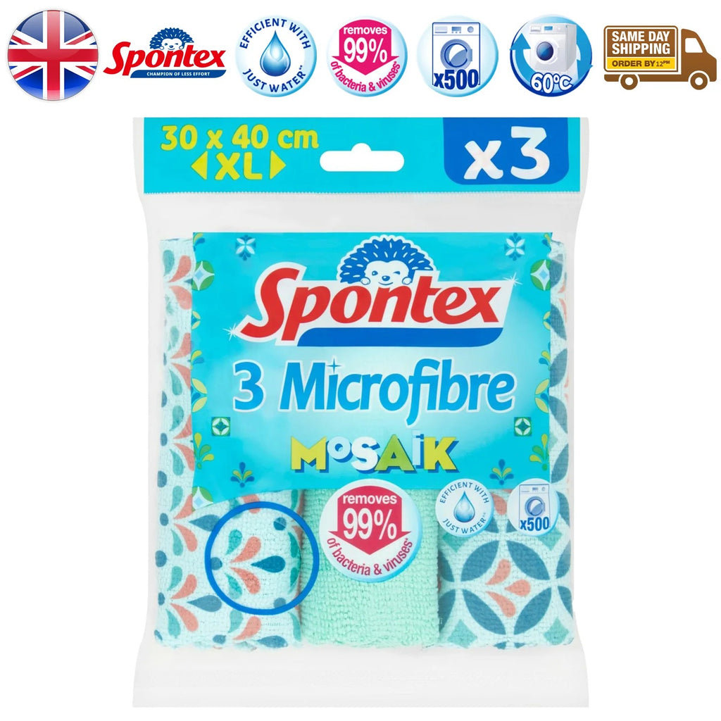 Spontex Mosaik Chiffons de Nettoyage en Microfibre, Lavables Jusqu'à 500 Fois, 30 x 40 cm, 3 Pièces