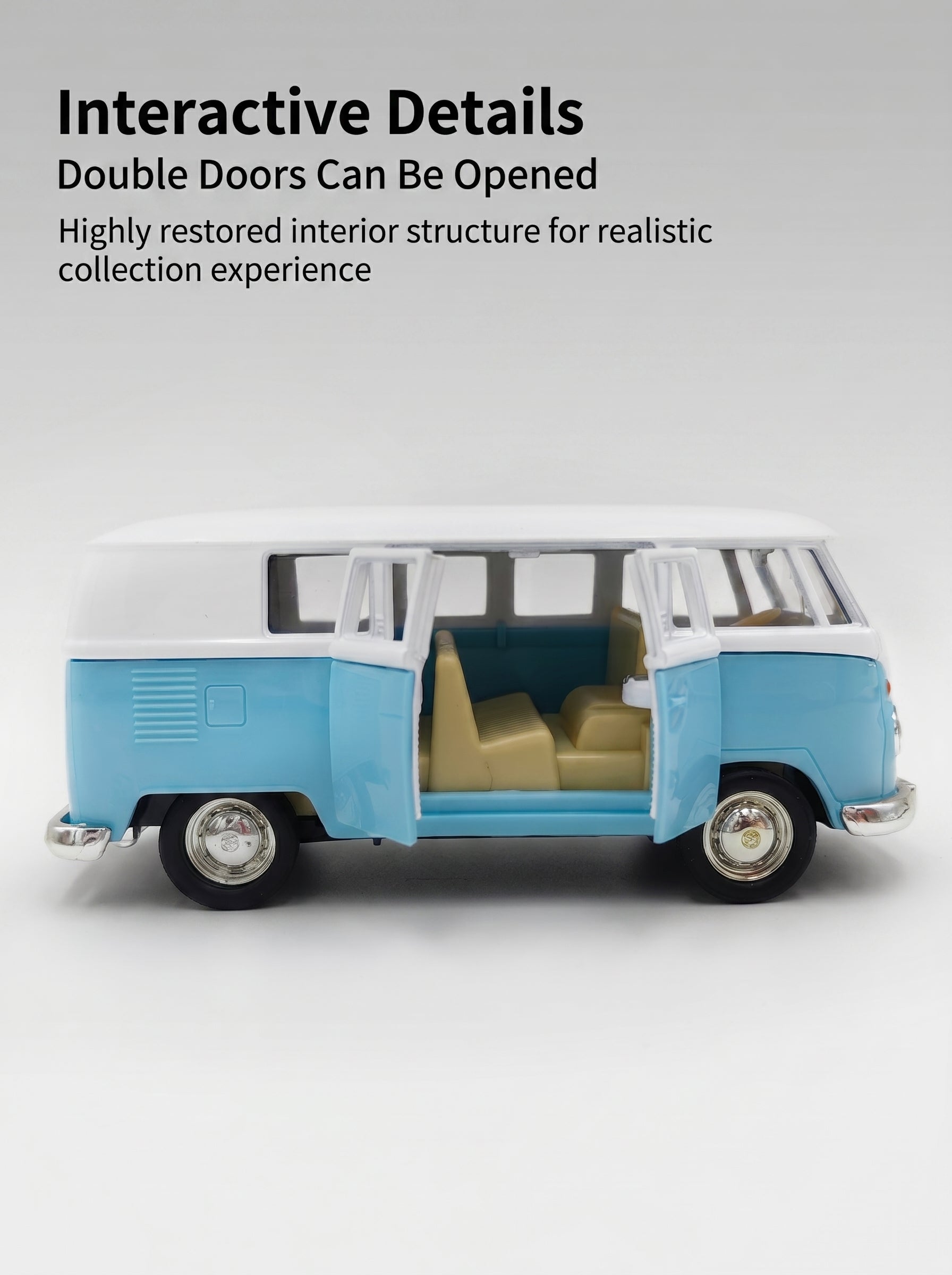 Modèle réduit 1:36 Volkswagen T1 – Bleu, portes ouvrantes, action à recul, voiture miniature moulée sous pression – jouet pour enfants, cadeau pour garçons, pièce de collection à exposer